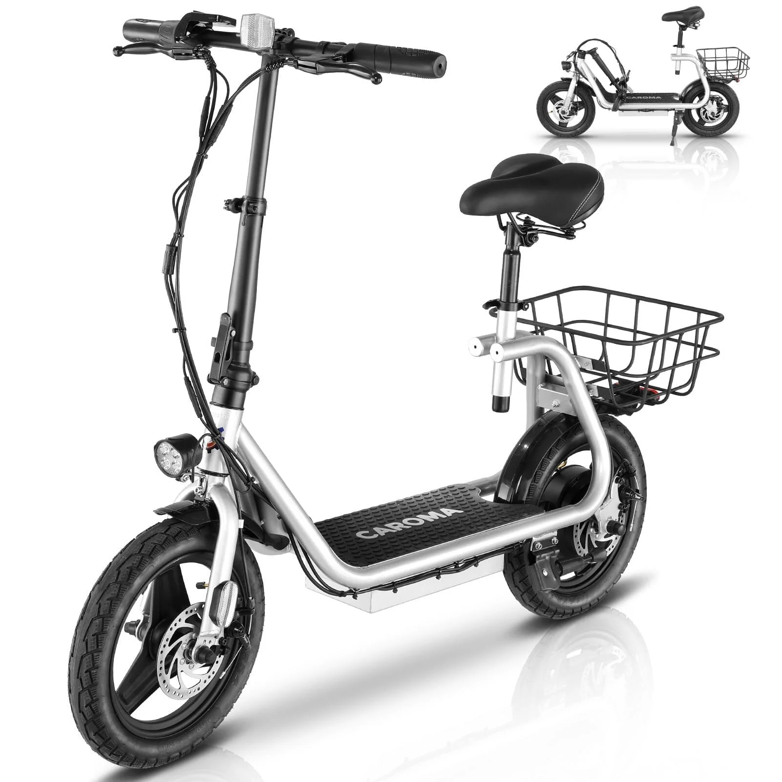 Caroma 500W Electric Scooter with Seat for Adult, 14 inch Commuter Electric Scooter with Dual Shock Absorbers and Basket - Up to 25 Miles 20 MPH, Silver - Womvr