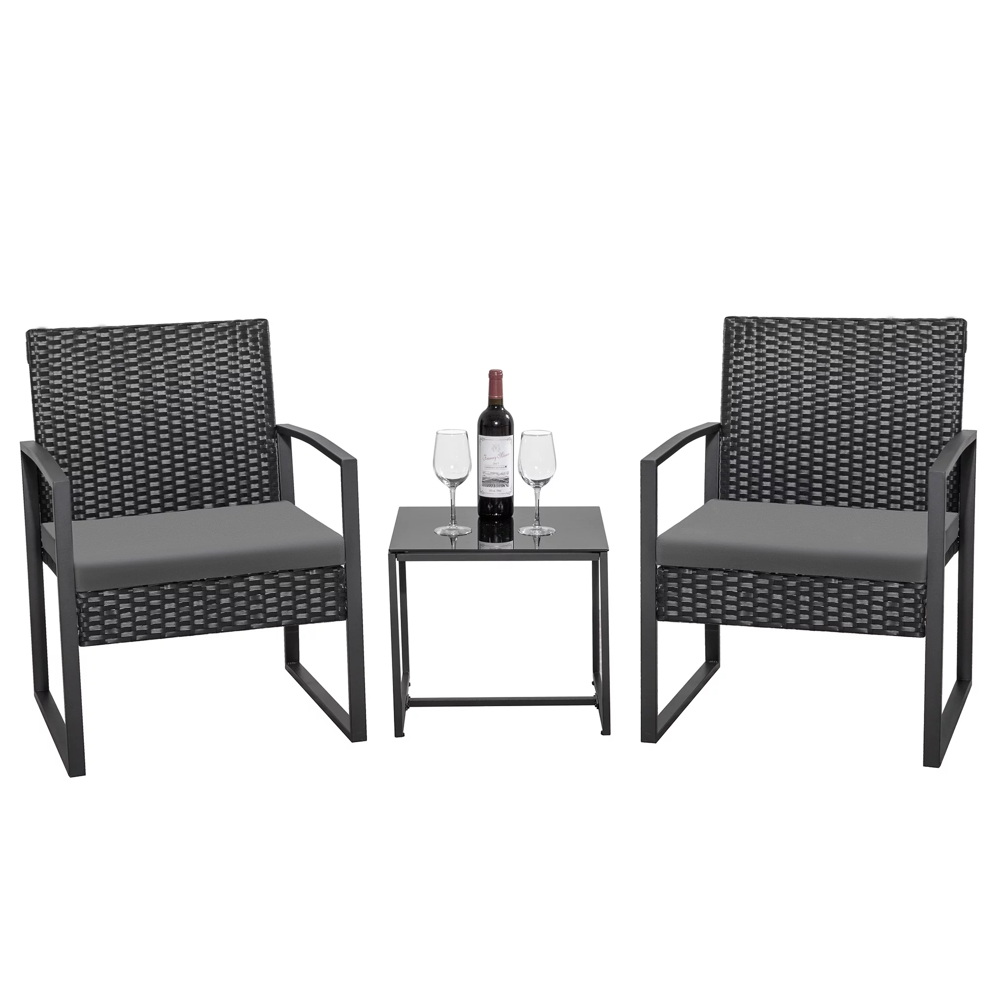Homall Patio Furniture 3-Piece Set Casual Wicker Chair Bistro Chair with Coffee Table, Black - Womvr