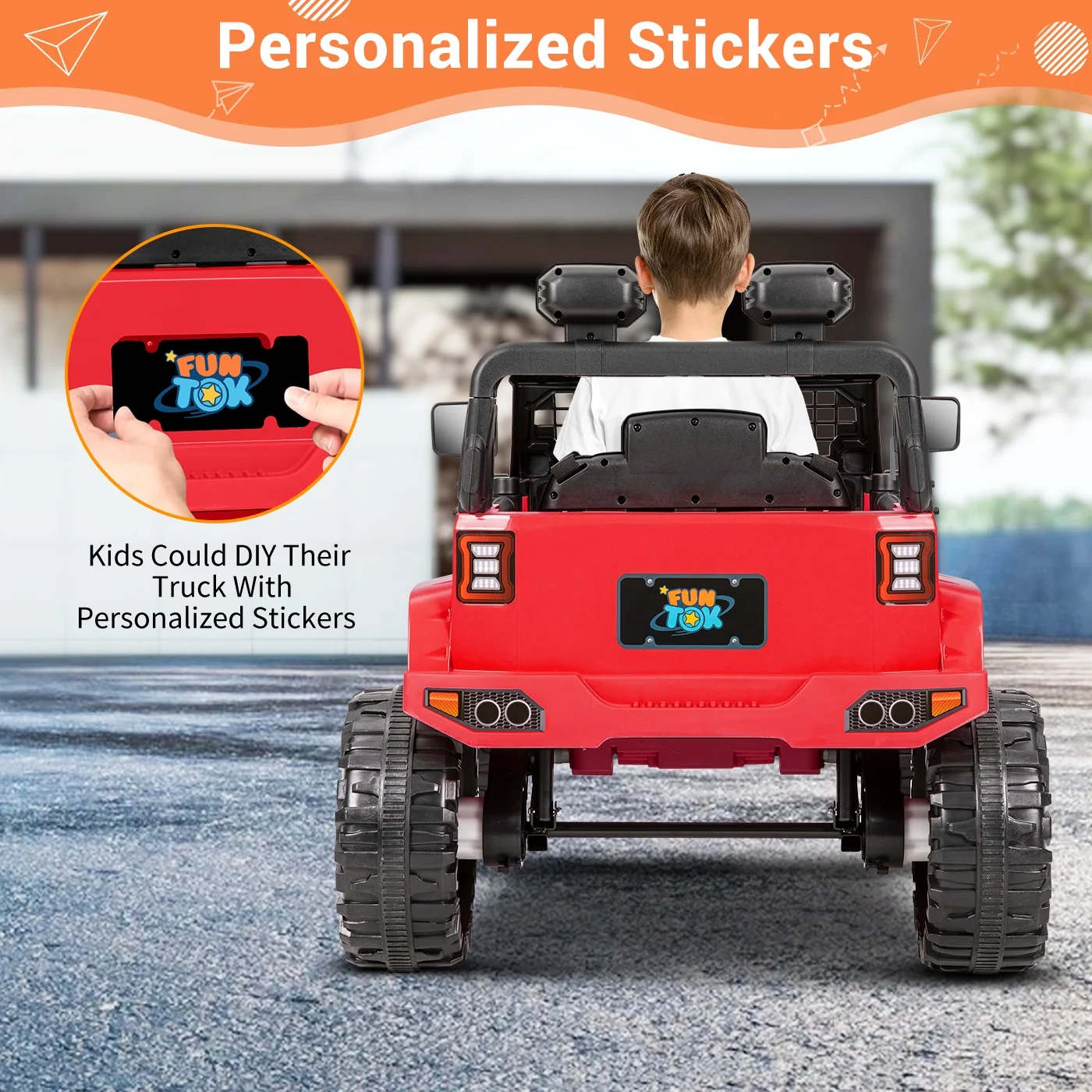 FUNTOK Kids 12V Electric Ride on Toy Car with Remote Control, Spring Suspension, DIY Stickers and Music Player - Womvr