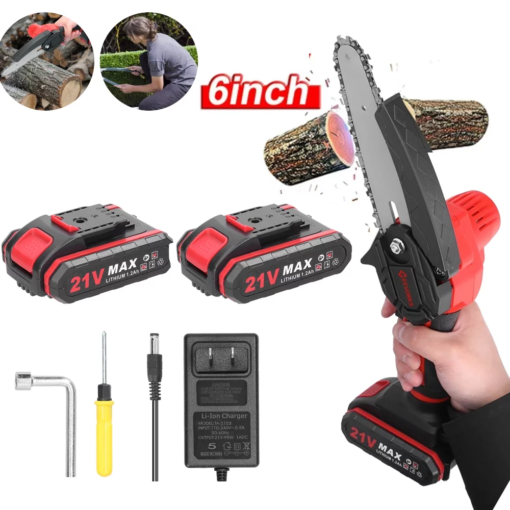 Geevorks Mini Chainsaw 6-inch with 2pcs Batteries, Cordless Power Chain Saws with Security Lock for Wood Cutting Tree Pruning Trimming - Womvr