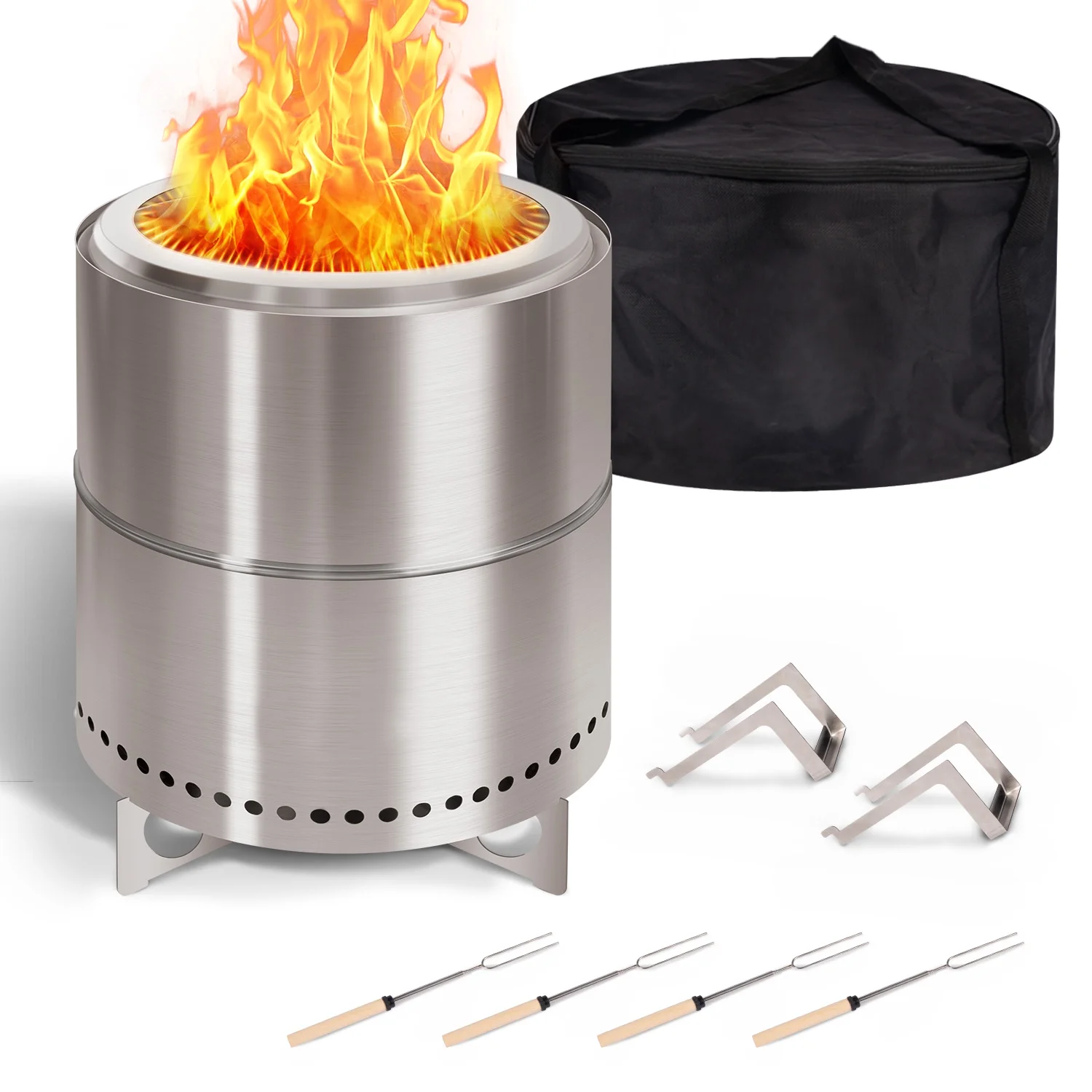 Smokeless Fire Pit for Camping with Stand & Bag & Sticks & Holders,304 Stainless Steel,15inch - Womvr