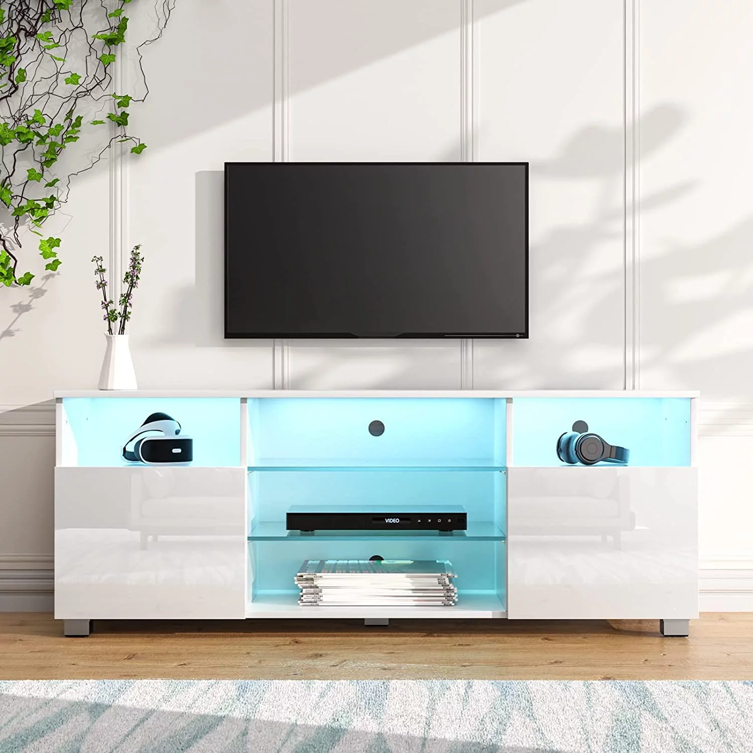 ChVans LED TV Stand for 65/70inch, High Glass Modern Entertainment Center with LED Lights and Glossy Cabinets(Black-65