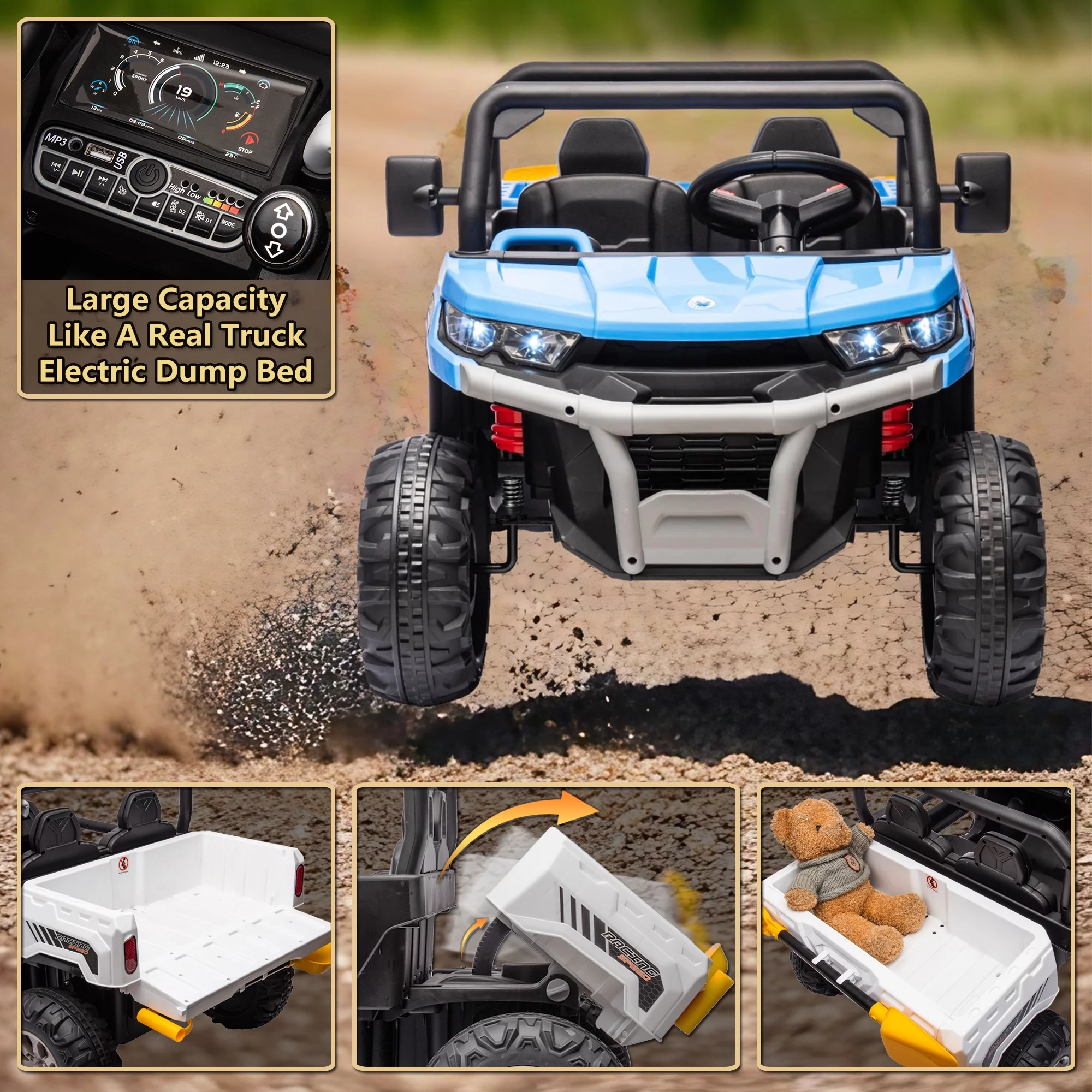 24V 2 Seater Ride on Toys, Ride On UTV with 2x200W Motor Ride On Dump Truck, Ride On Car with Dump Bed/Shovel, Electric Vehicle with Rubber Tires, LED Light, Music, Remote Control, Black - Womvr