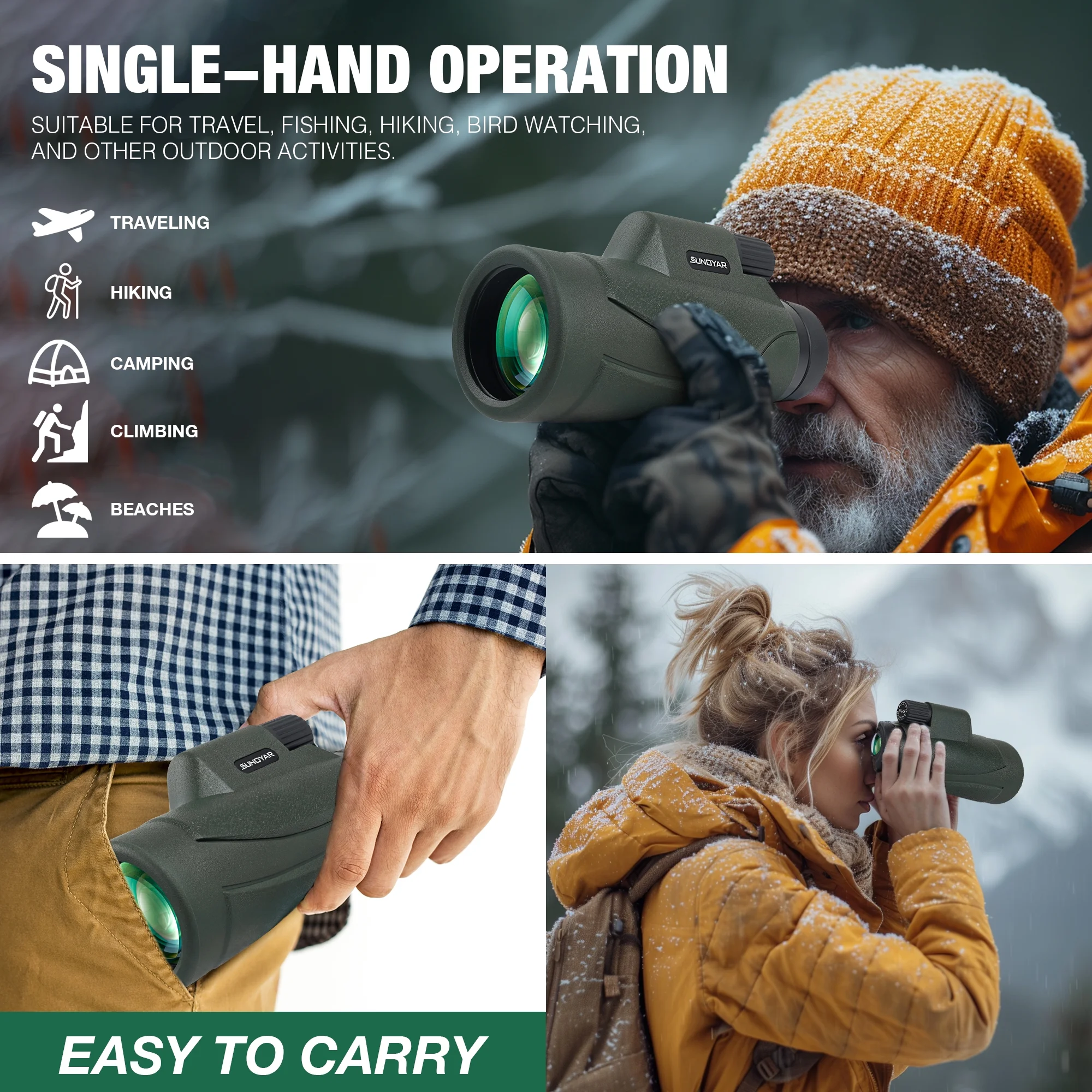 SUNOYAR Monocular Telescope, High Powered Monocular for Adults with Smartphone Adapter & Tripod, BAK4 Prism Monocular with Clear Low Light Vision for Wildlife Hunting Camping Travelling - Womvr