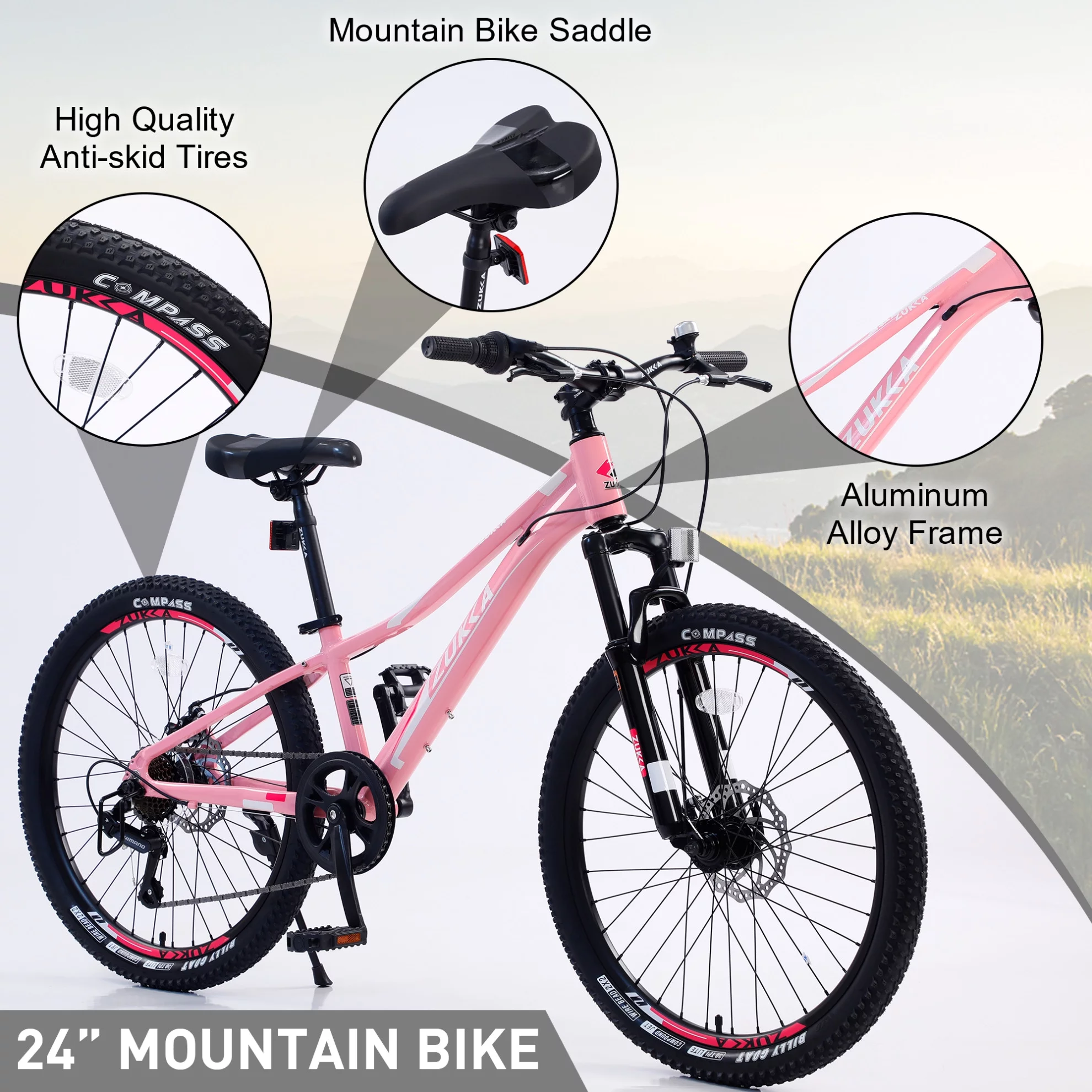 24 in Aluminum Mountain Bike for Boys and Girls, 7-Speed Mountain Bicycle with Double Disc Brake, Suspension Fork and High-quanity Anti-skid Tires, Blue - Womvr