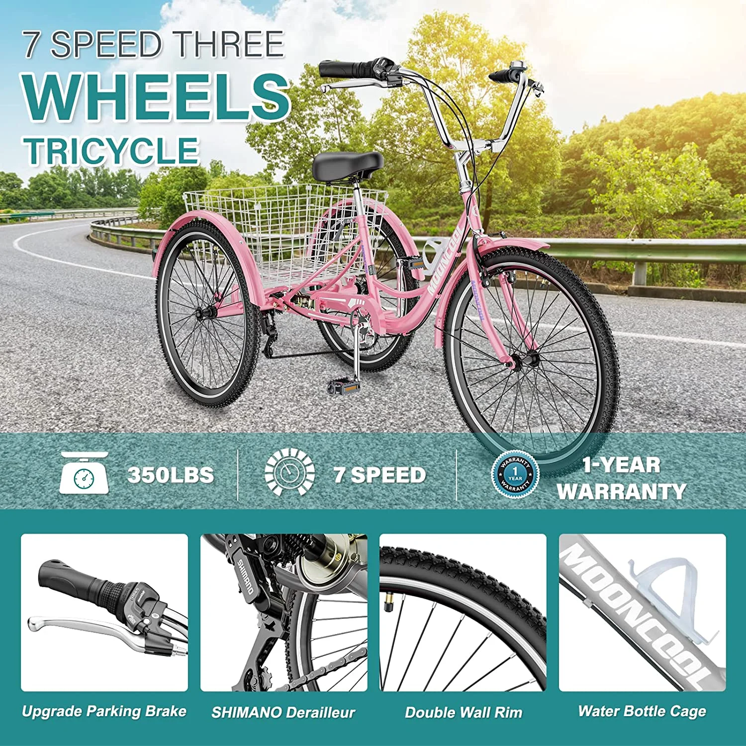 MOONCOOL Adult Tricycles with Rear Basket, 24 26 inch 7 Speed 3 Wheel Bikes, Three-Wheeled Bicycles Adult Trike with Backrest for Seniors, Women, Men - Womvr