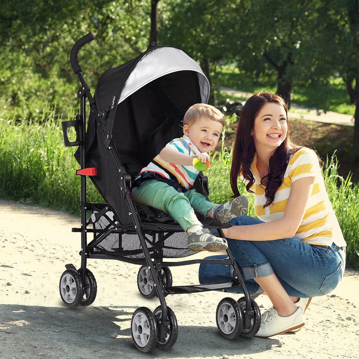 Costway Folding Lightweight Baby Toddler Umbrella Travel Stroller with Storage Basket Black - Womvr