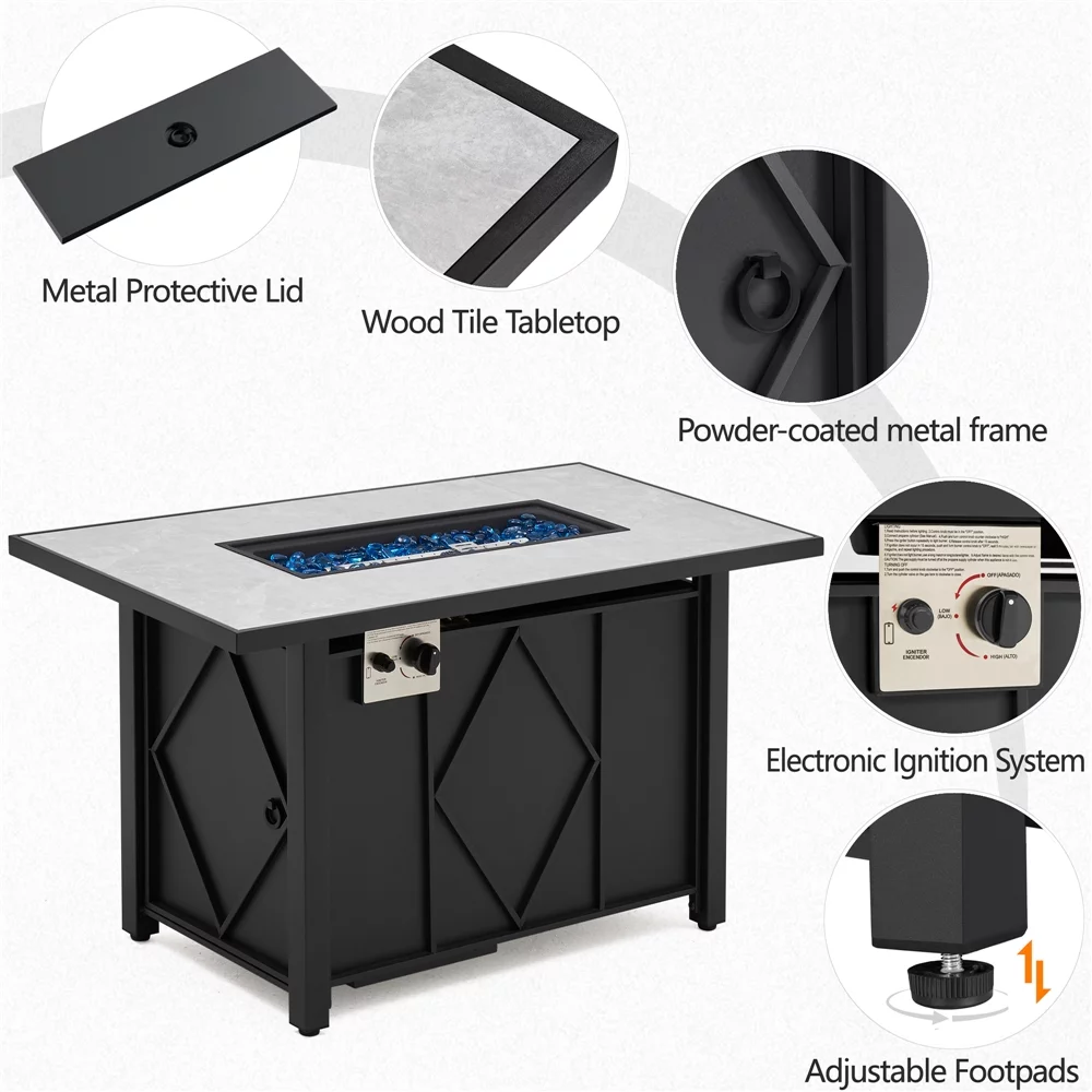 Alden Design 43in Propane Fire Pit Table with Ceramic Tabletop & Steel Base, Black - Womvr