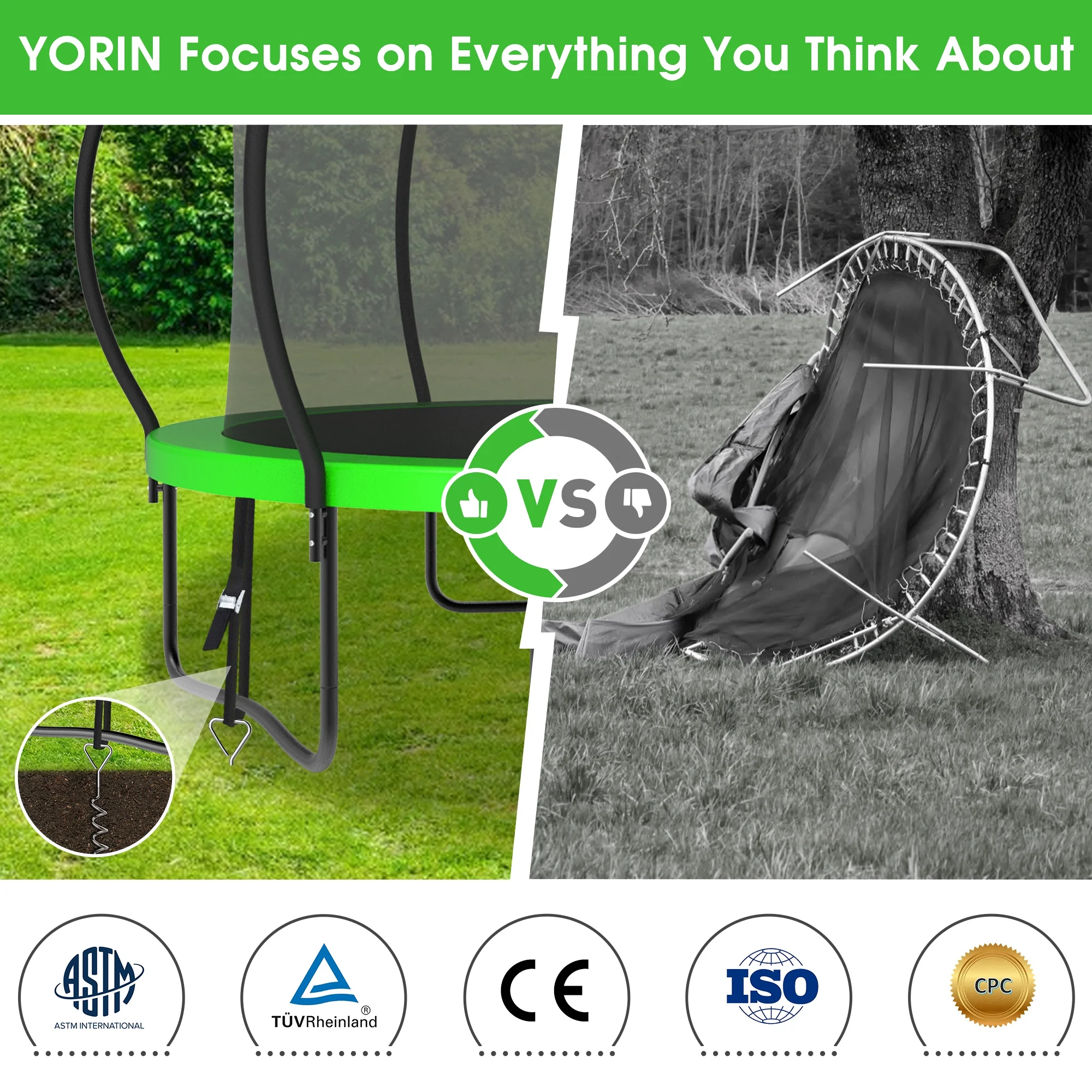 YORIN Trampoline for 2-3 Kids, 8FT 10FT Trampoline for Adults with Enclosure Net, Basketball Hoop, Ladder, 800LBS Outdoor Recreational Trampoline with Light, Sprinkler, Socks, Heavy Duty Trampoline - Womvr