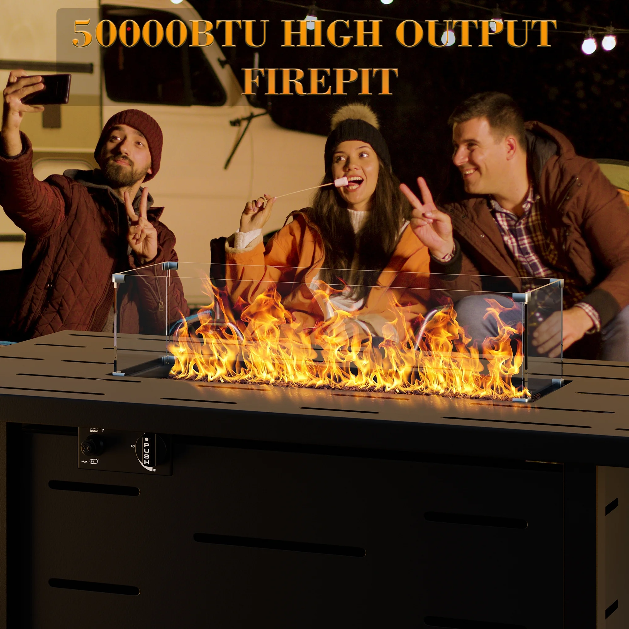 Walsunny 43 Inch Outdoor Fire Pit Table Propane Gas with Lid and Lava Rock 50000 BUT Fire Table with Glass Wind Guard and Waterproof Cover - Womvr