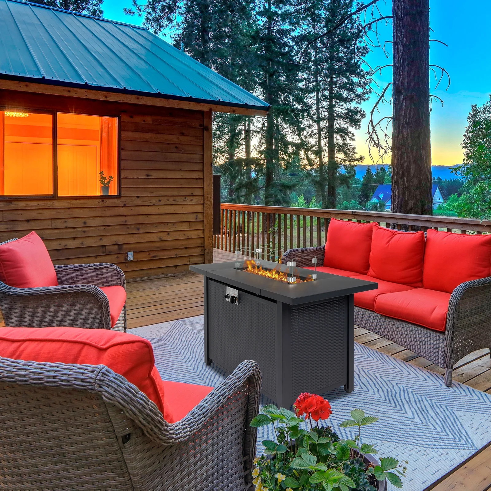 43.3 inch Gas Fire Pit Table, SYNGAR 2-in-1 50,000 BTU Propane Gas Fire Pit Table, Outdoor Propane Fire Pit with Glass Wind Guard, Blue Rocks and Lid, for Patio, Backyard, Garden, Poolside, D4620 - Womvr