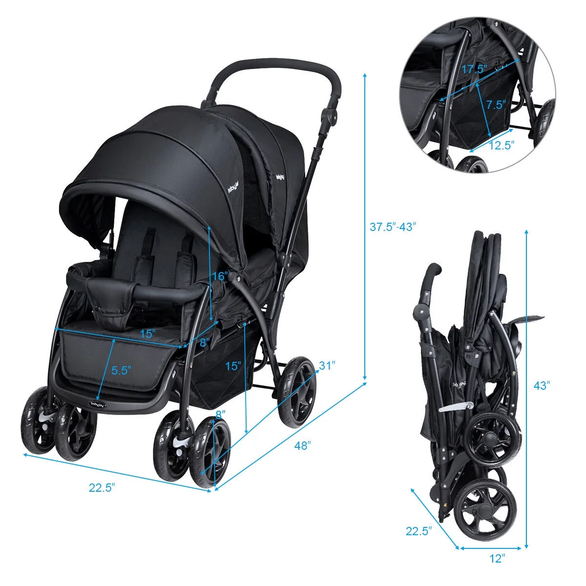 Babyjoy Double Stroller Foldable Baby Twin Lightweight Travel Stroller Infant Pushchair Black - Womvr