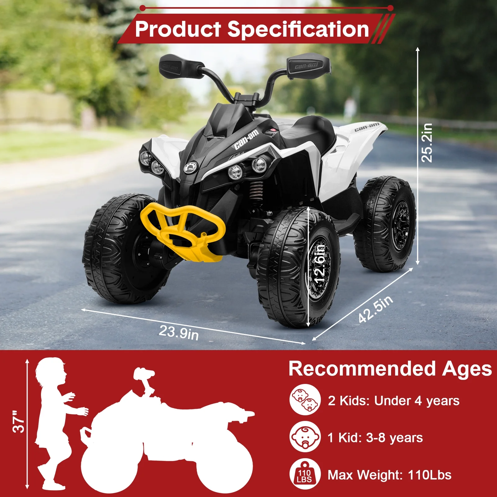 24V Ride on Toys, 4 Wheeler ATV for Kids with 2 Seater, 4x200W Motors, 4WD/2WD Switchable, Khaki - Womvr