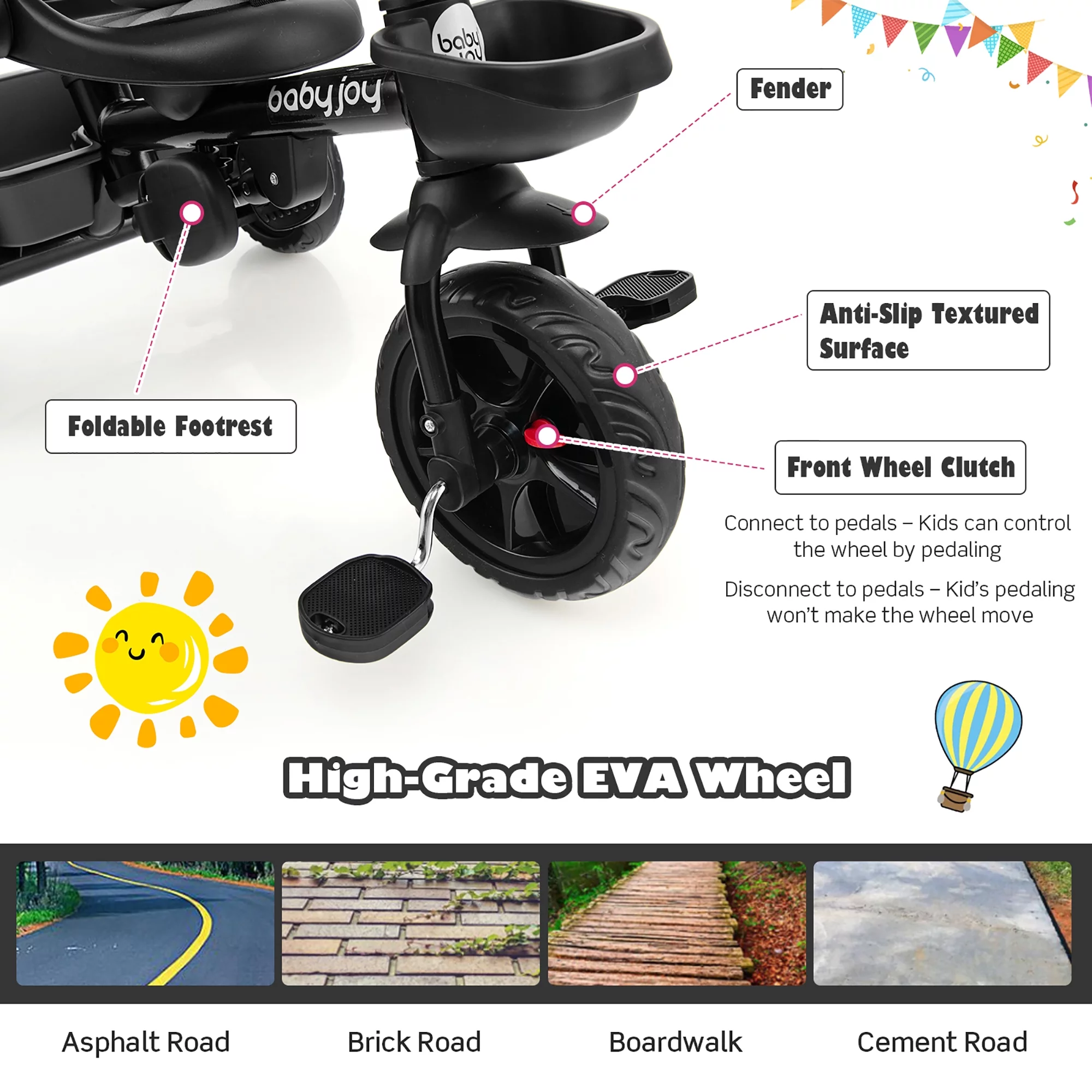 Babyjoy 4-in-1 Toddler Tricycle Reversible Baby Trike W/ Height Adjustable Push Handle - Womvr