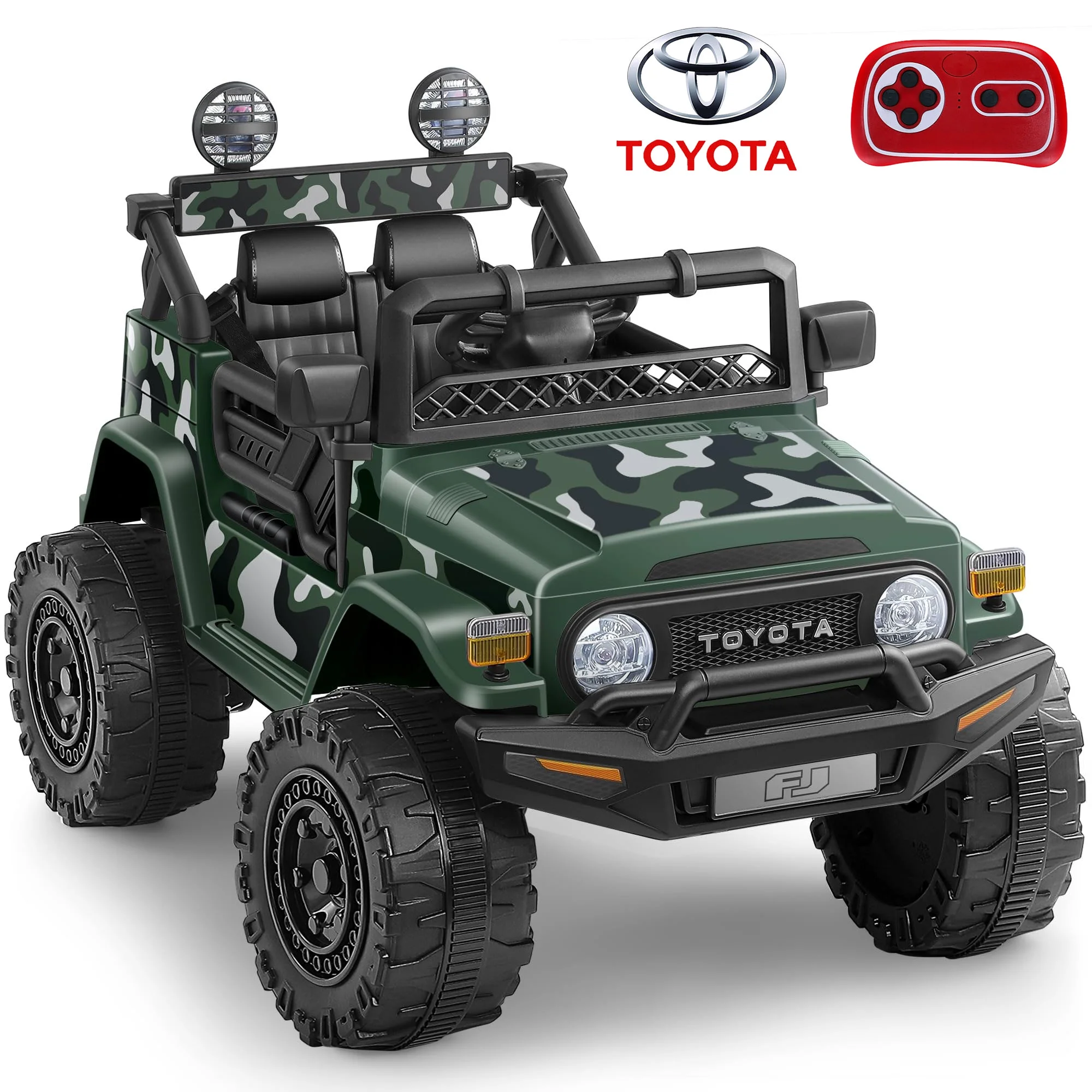 Toyota FJ Cruiser Ride on Car, 12V Powered Off-Road Toys for Kids w/ Remote,Spring Suspension,6 LED Lights,Camo Green - Womvr