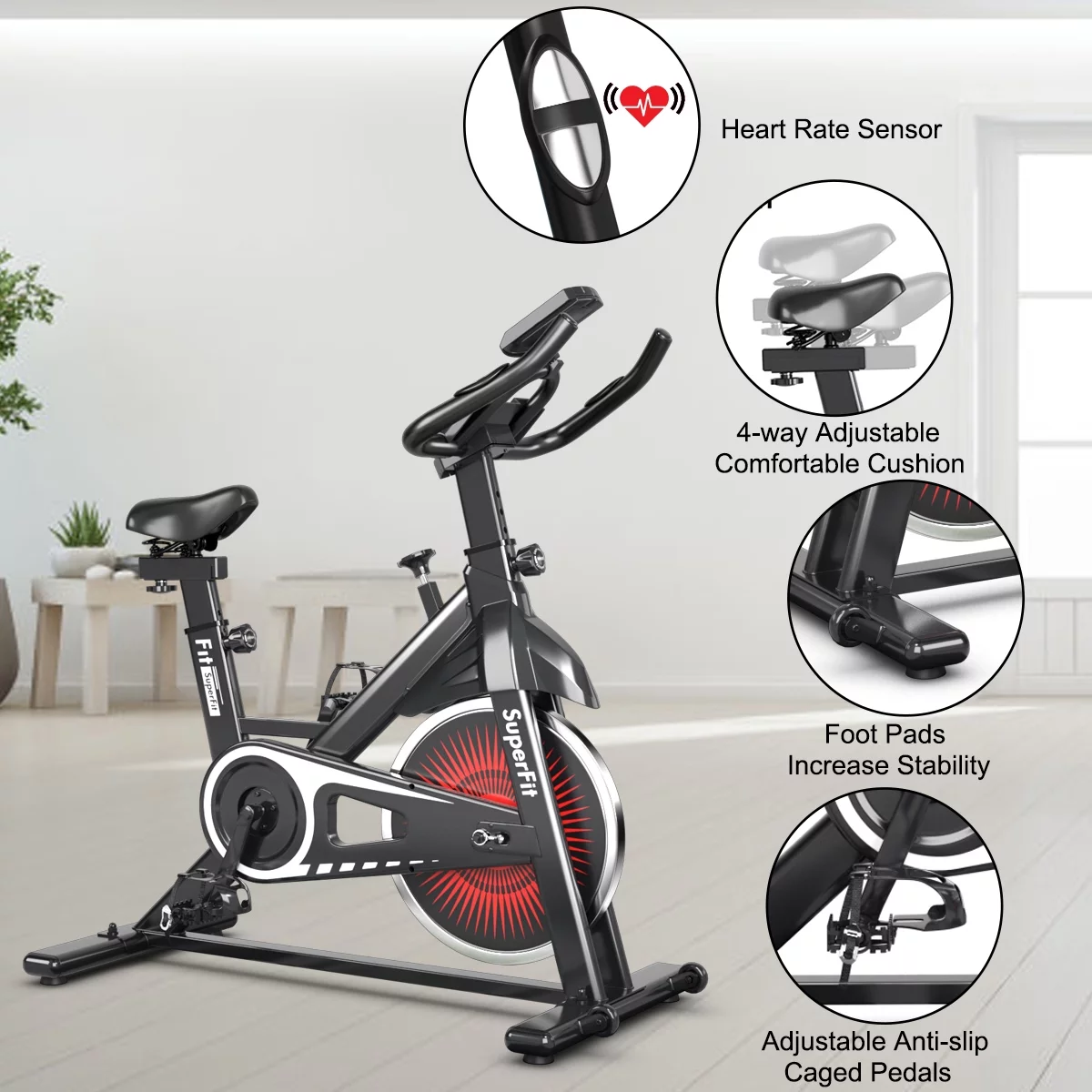 SuperFit Indoor Cycling Stationary Bike Silent Belt Drive Adjustable Resistance - Womvr