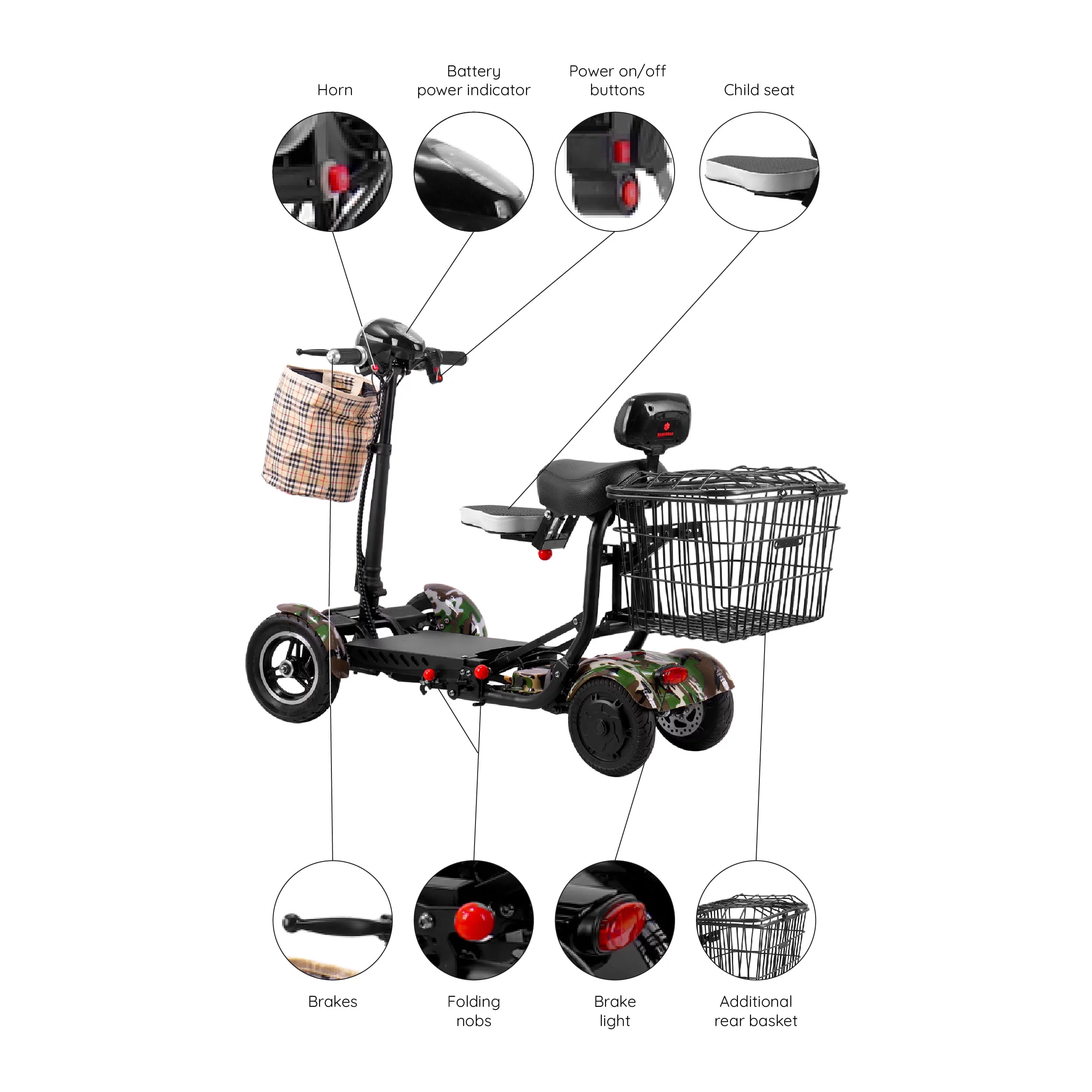 Smart Lightweight Electric Power Scooter, 4 Wheels Foldable Double Seats - Womvr