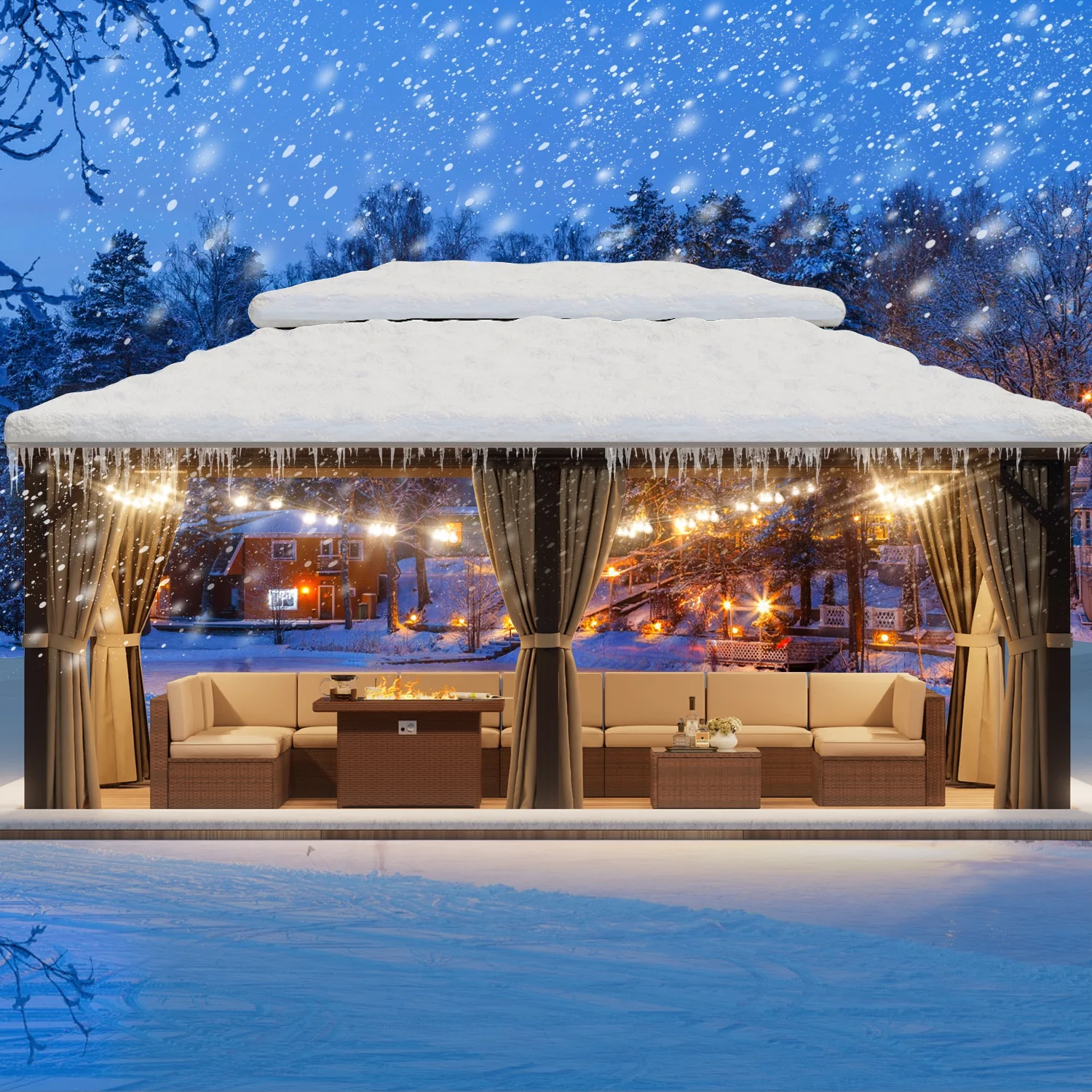 Aoxun 10'x12' Hardtop Gazebo, Outdoor Steel Double Roof Canopy, Aluminum Frame Permanent Pavilion with Curtains and Netting, Sunshade for Garden, Patio, Lawns, Black - Womvr