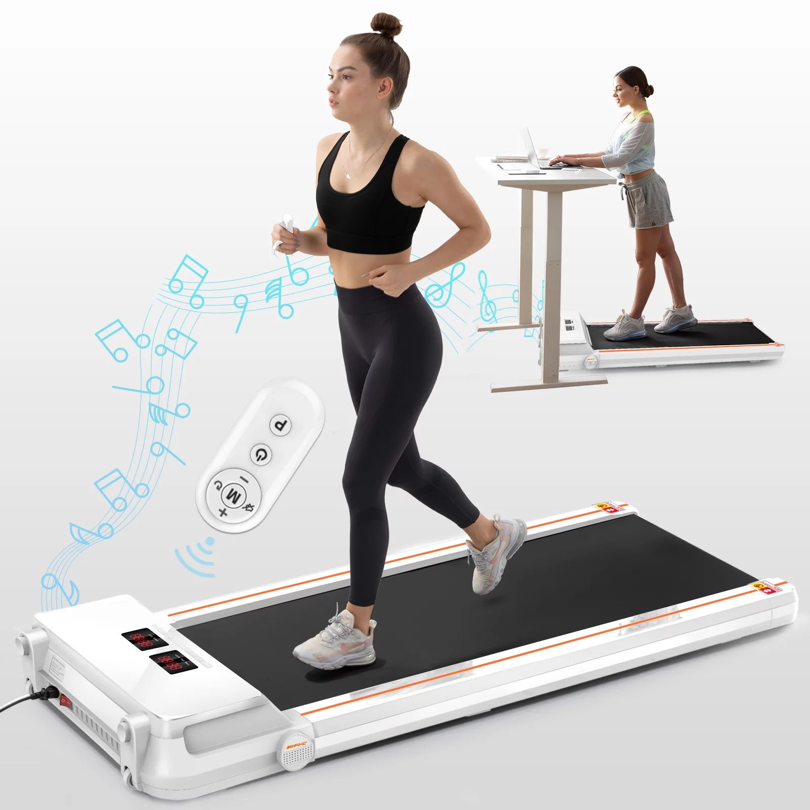 FYC Under Desk Treadmill for Home Office, Slim Walking Smart Treadmill with APP/Bluetooth/Remote Control - Electric Treadmill with LED Display, Running Walking Jogging - White - Womvr