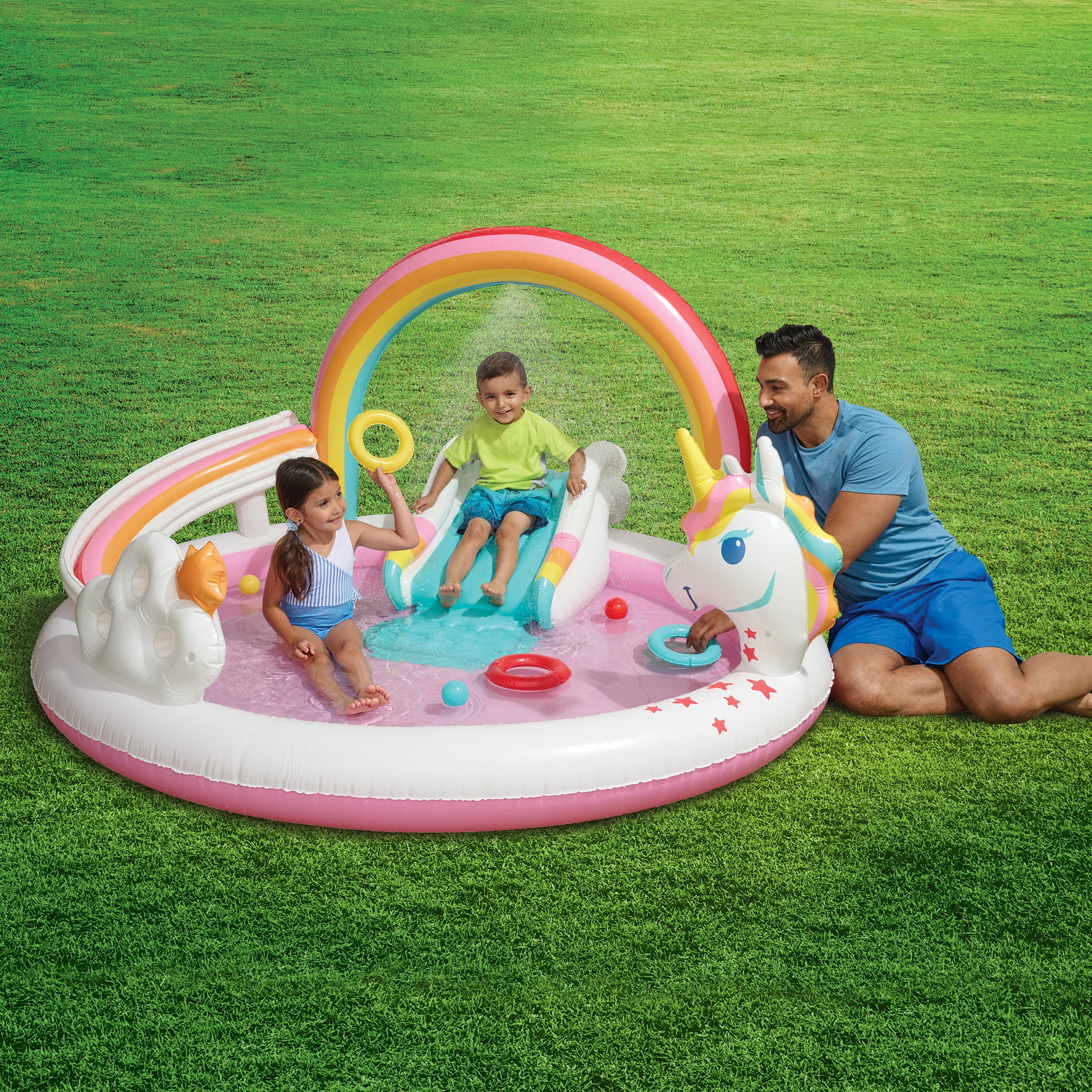 Bluescape Rainbow Unicorn Play Center, Kids Splash Pool with Sprinkler, Toys & Slide, Age 2 & up, Unisex - Womvr