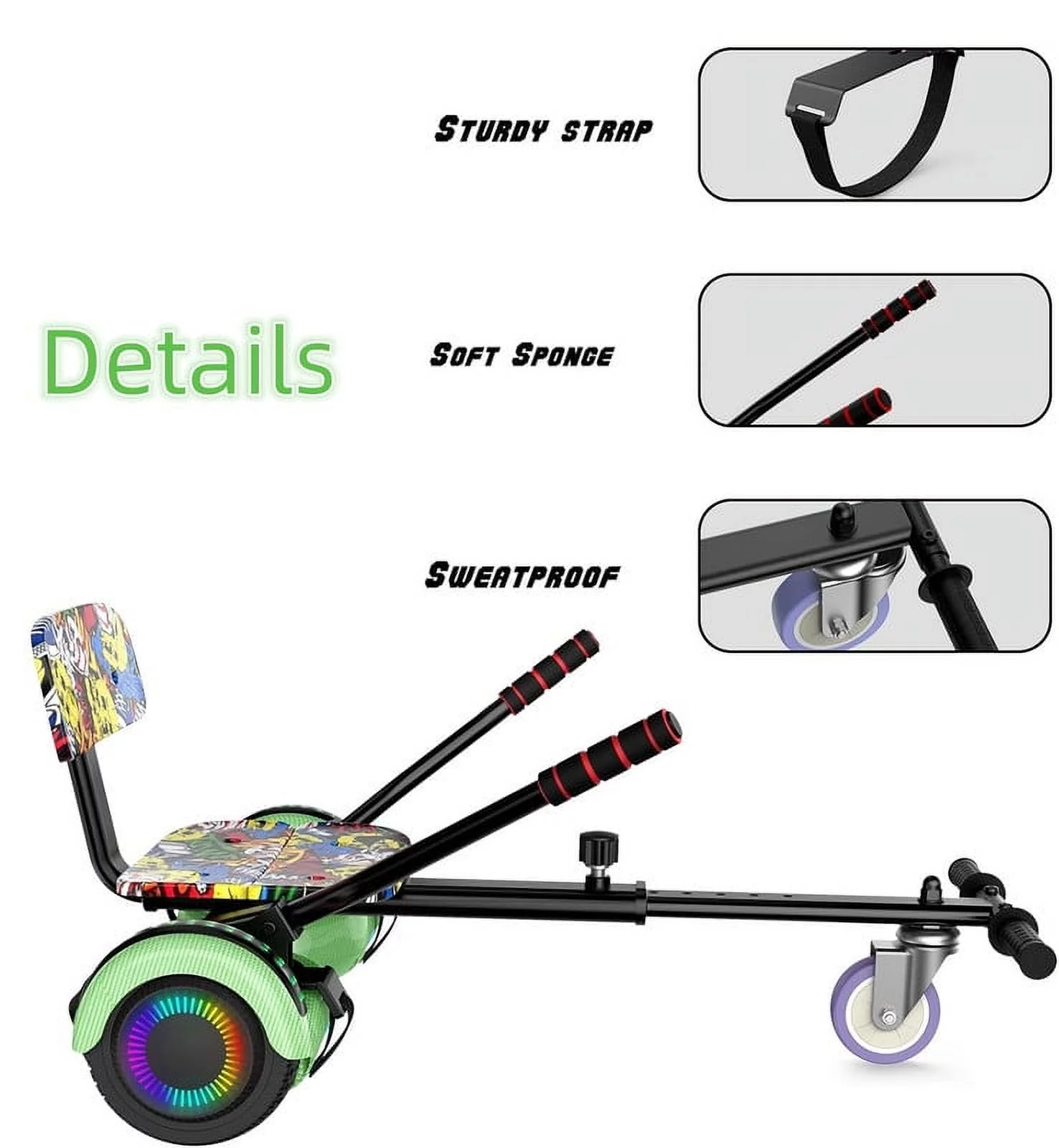 SISIGAD Hoverboard with Seat, 6.5 inch Hoverboard Go Kart Combo with Bluetooth Speaker & LED Lights for Kids Adults - Womvr