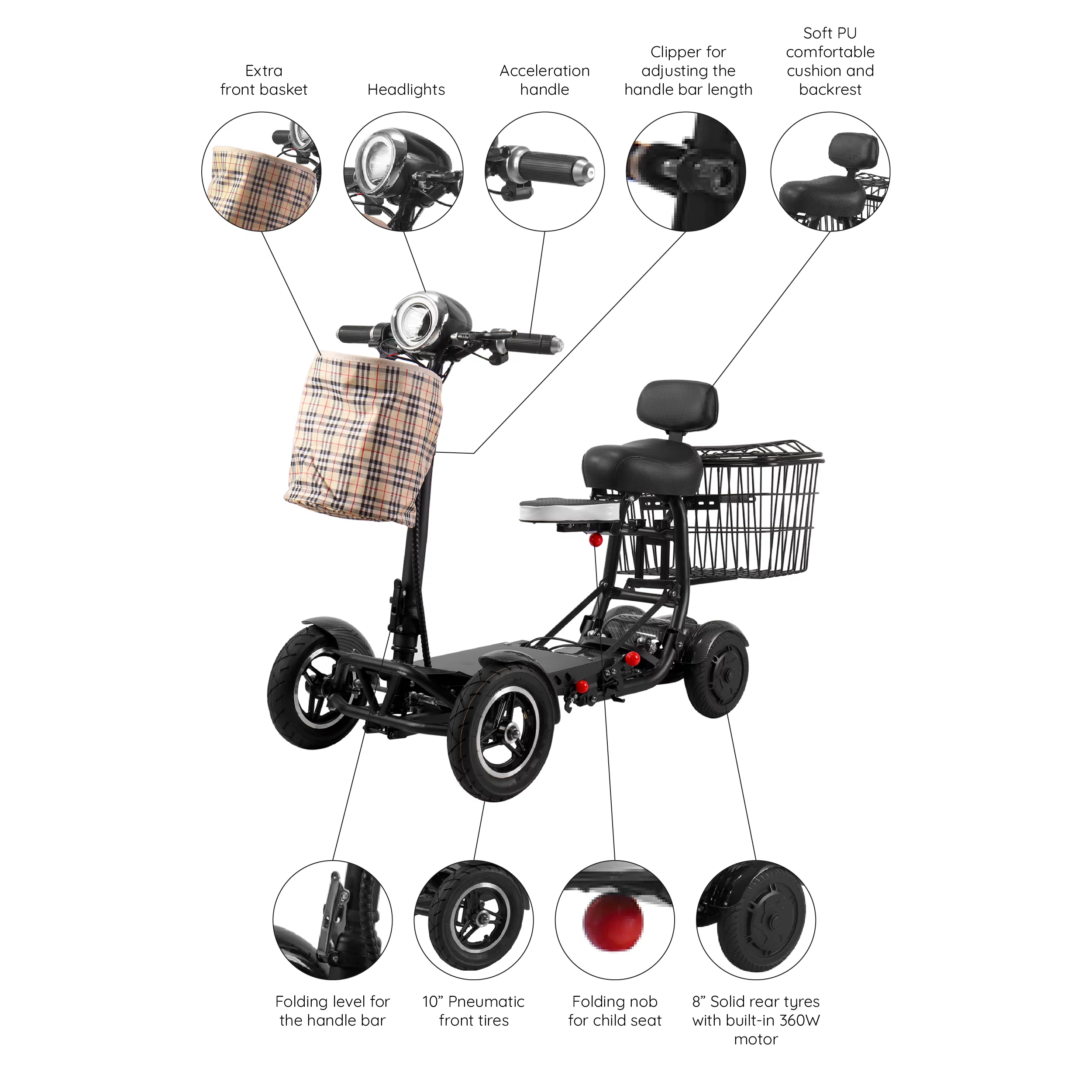 Smart Lightweight Electric Power Scooter, 4 Wheels Foldable Double Seats - Womvr