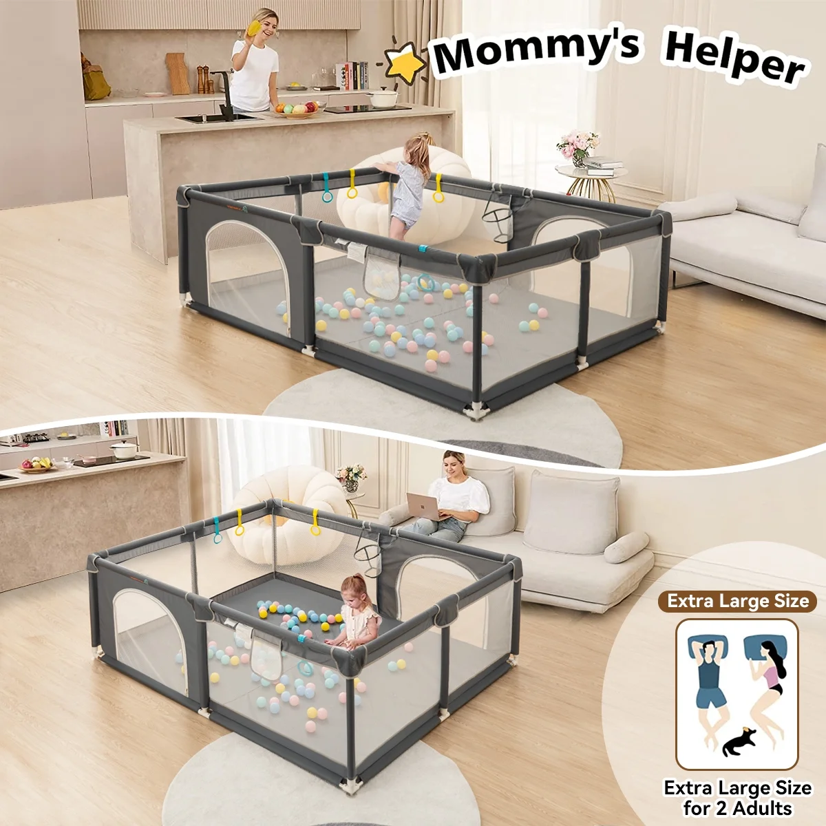 Baby Playpen, 63x63'' Large Baby Playard, Infant Activity Center with Anti-Slip Base, Gray - Womvr