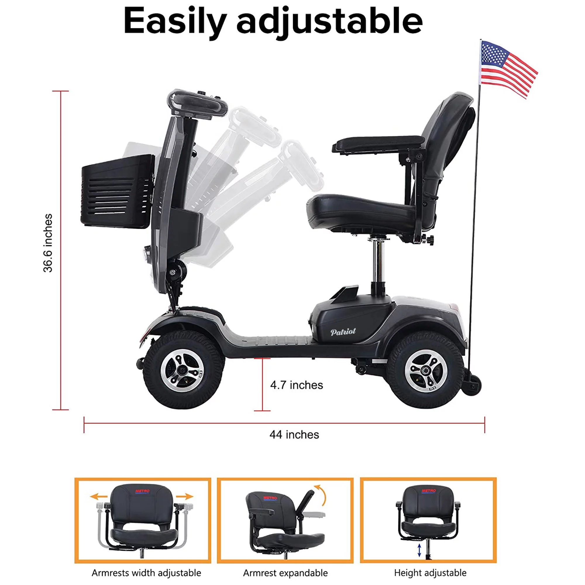 Segmart Mobility Scooter for Seniors, 20''W Armrest, Windshield, Rear Suspension, Front Rear Light, Cup Holder, USB Charging Port, Gift Flag, 300lbs, Red - Womvr