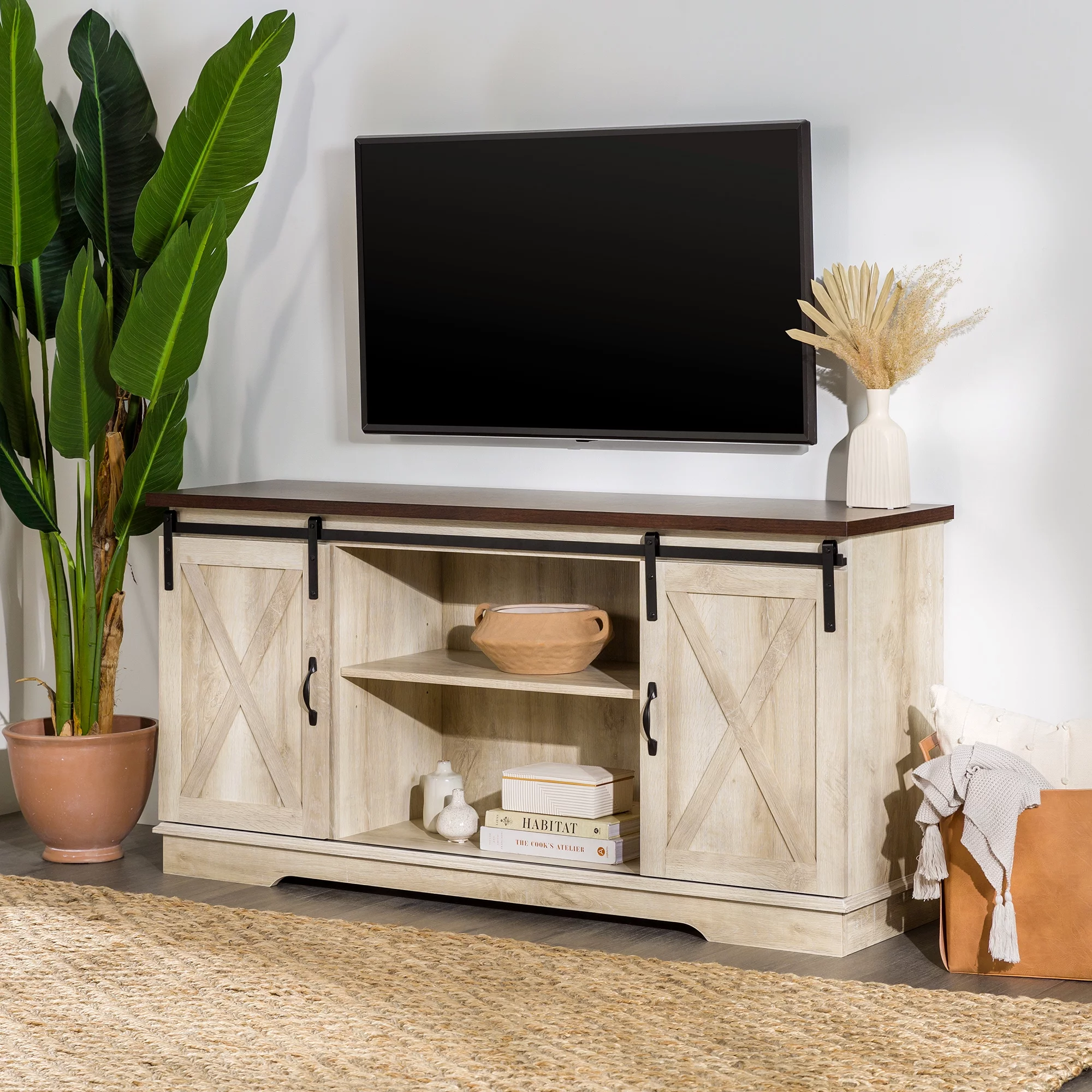 Woven Paths Farmhouse Sliding Barn Door TV Stand for TVs up to 65