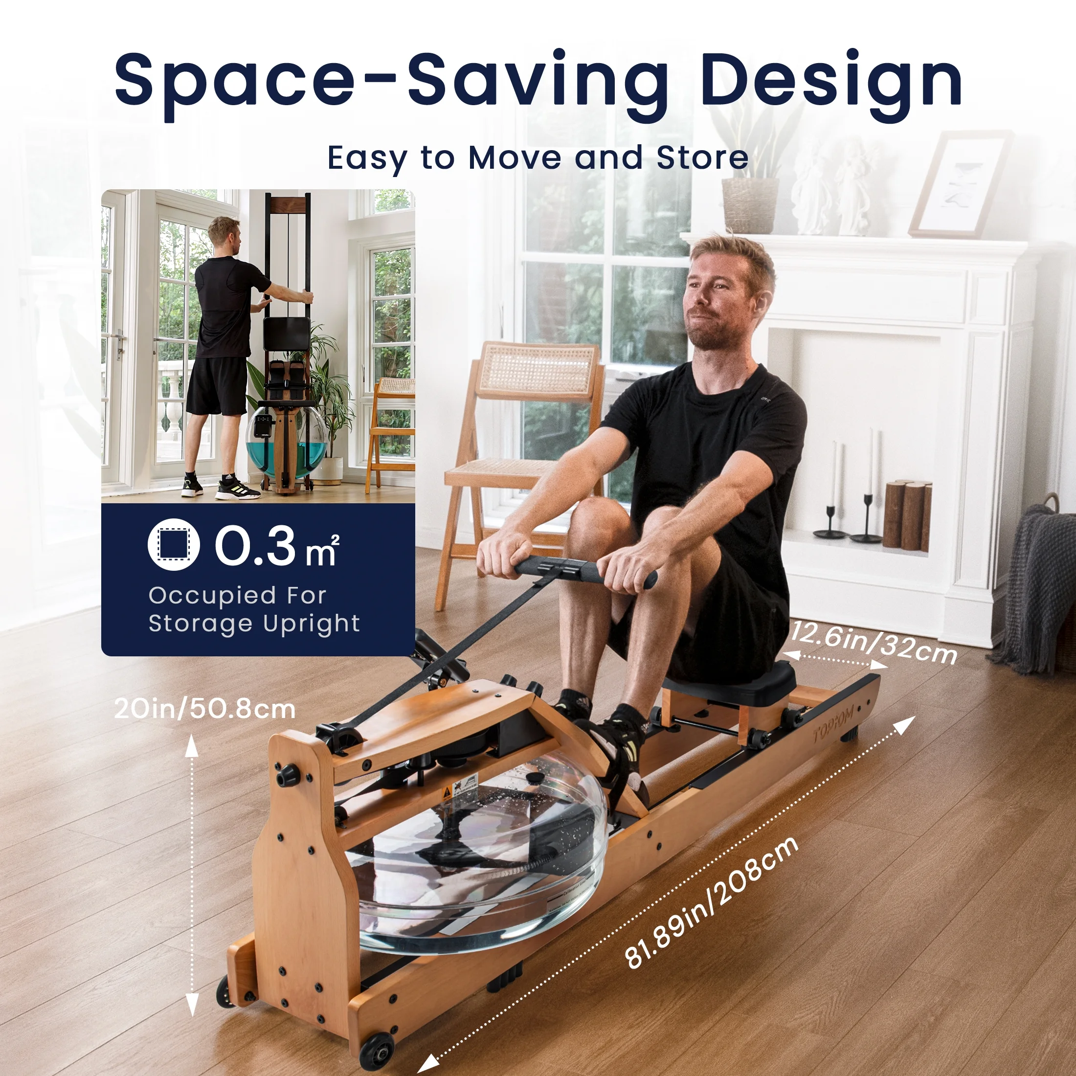 Topiom Water Rowing Machine with TM-3 Performance Monitor Bluetooth Connected 400 lbs Max Load - Womvr