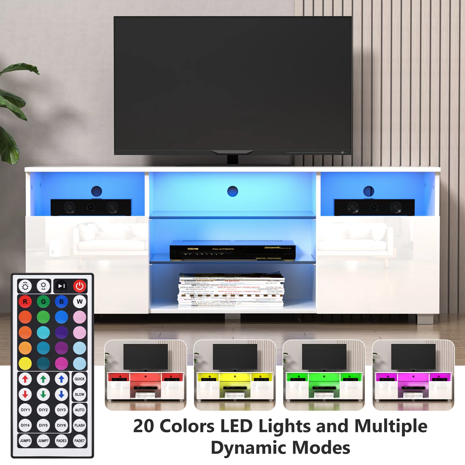ChVans LED TV Stand for 65/70inch, High Glass Modern Entertainment Center with LED Lights and Glossy Cabinets(Black-65