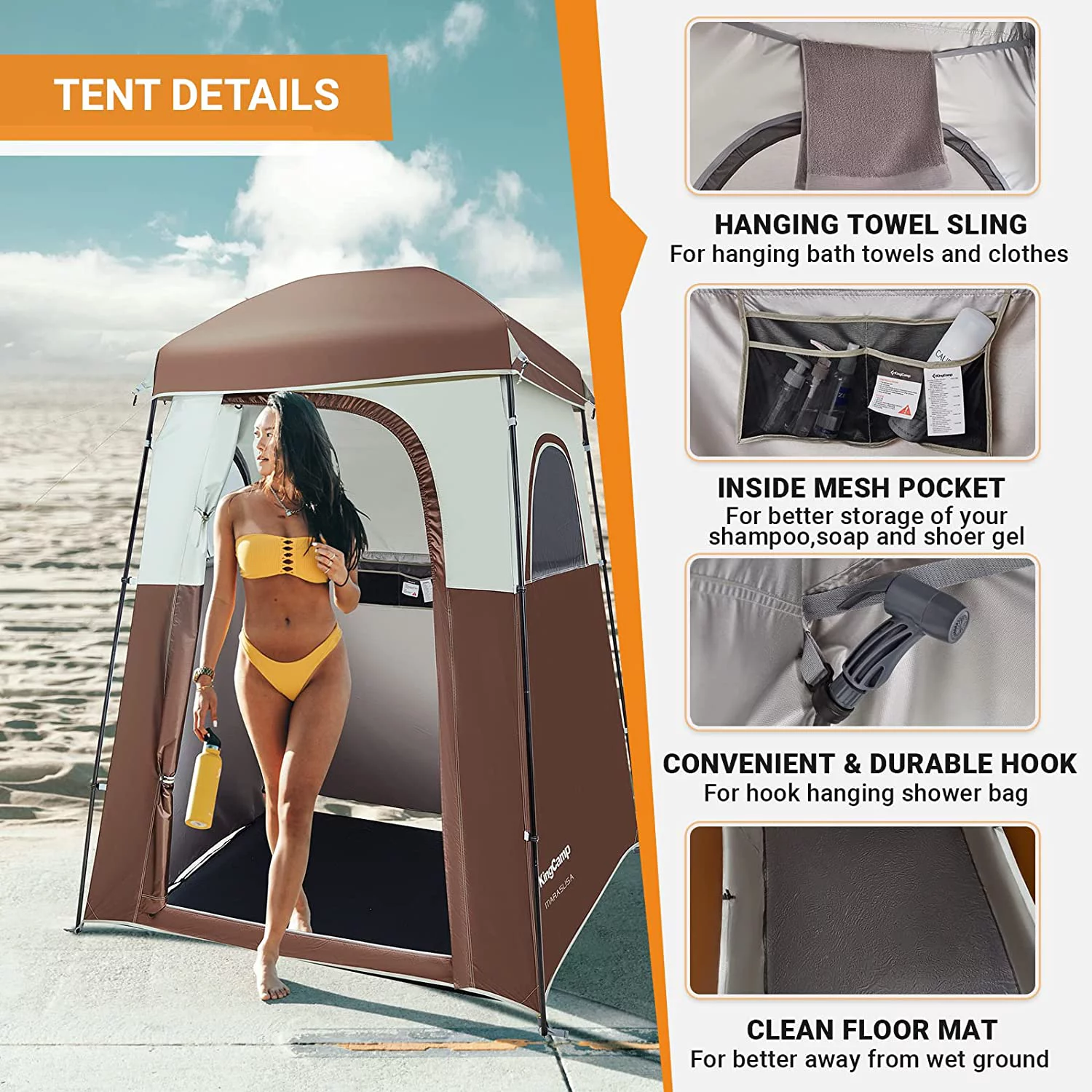 KingCamp Oversized Shower Tent Extra Wide 1 Room with Floor Waterproof Camping Privacy Shelter Easy Set Up Tent for Dressing Changing Toilets Tent, Coffee - Womvr