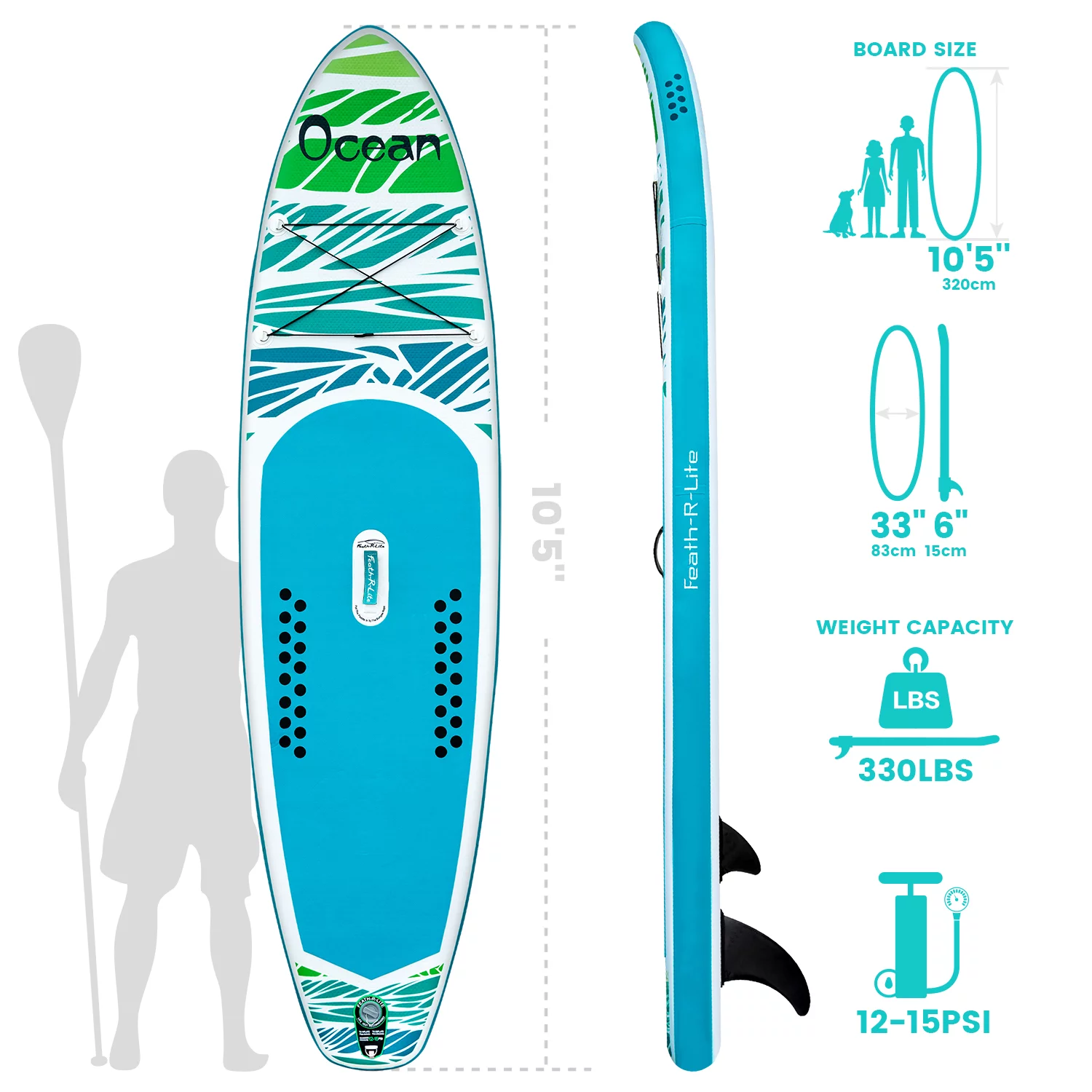 Feath-R-Lite Stand Up Inflatable Paddle Board, Sup Light Green Paddle Board 10'5''x33''x6'' (L/W/H),Adjustable Paddle Backpack Pump Accessories - Womvr