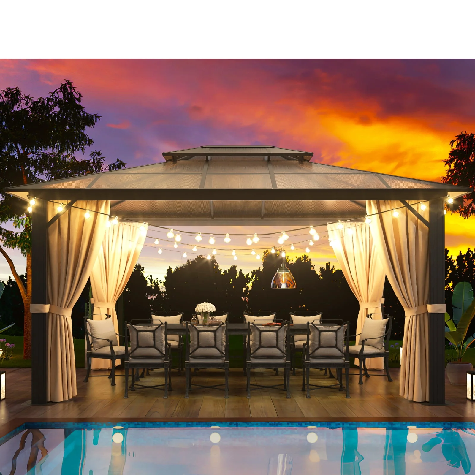 Aoxun 10 ft. x 12 ft. Hardtop Gazebo, Double Polycarbonate Roof Aluminum Frame Gazebo W/Curtain and Netting, Brown - Womvr