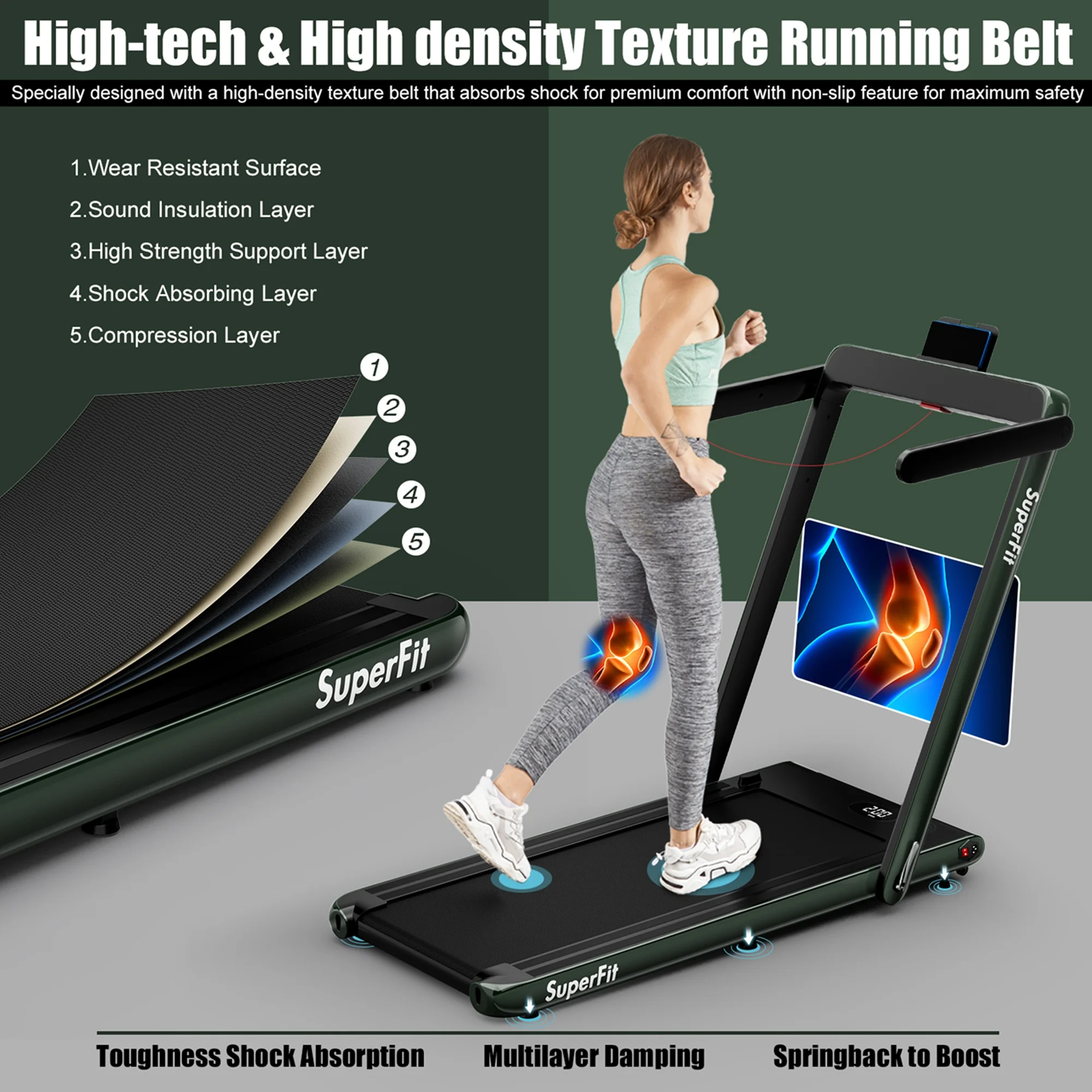 SuperFit Up To 7.5MPH 2.25HP 2 in 1 Single Display Screen Folding Treadmill Remote Control W/ APP Control Speaker Black - Womvr