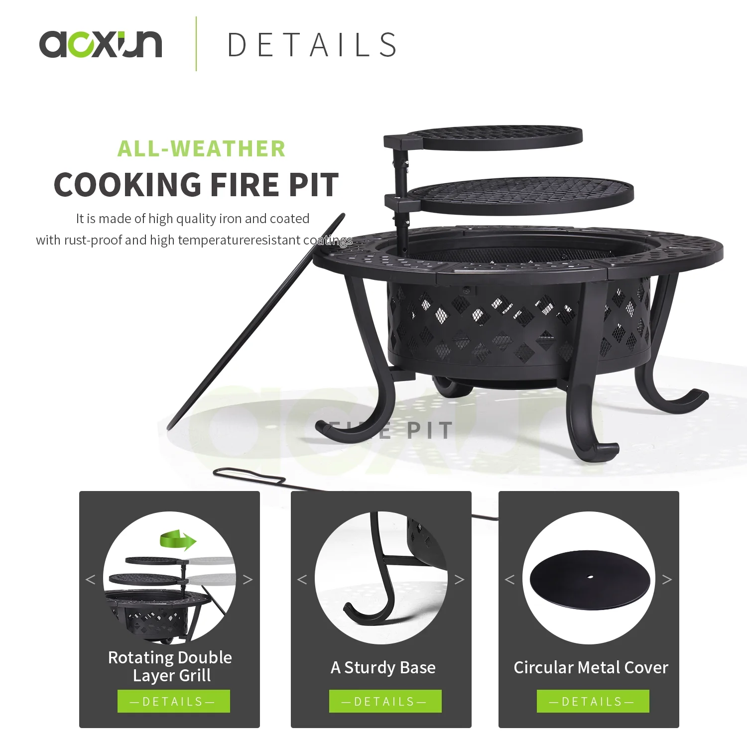 BaPiPro Fire Pit, 36.2 inch Fire Pits for Outside, Metal Round Outdoor Firepit with 2 Grill, Black - Womvr