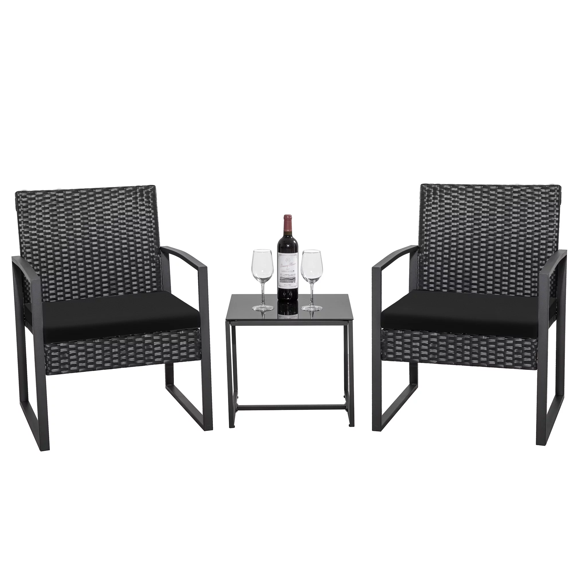 Homall Patio Furniture 3-Piece Set Casual Wicker Chair Bistro Chair with Coffee Table, Black - Womvr