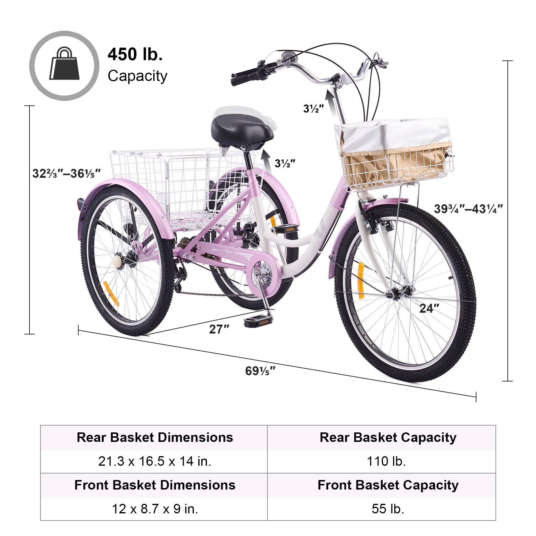 VIRIBUS 24 Inch Adult Trike 7 Speed Bike w Adjustable Seat 2 Baskets Matte Gray - Womvr