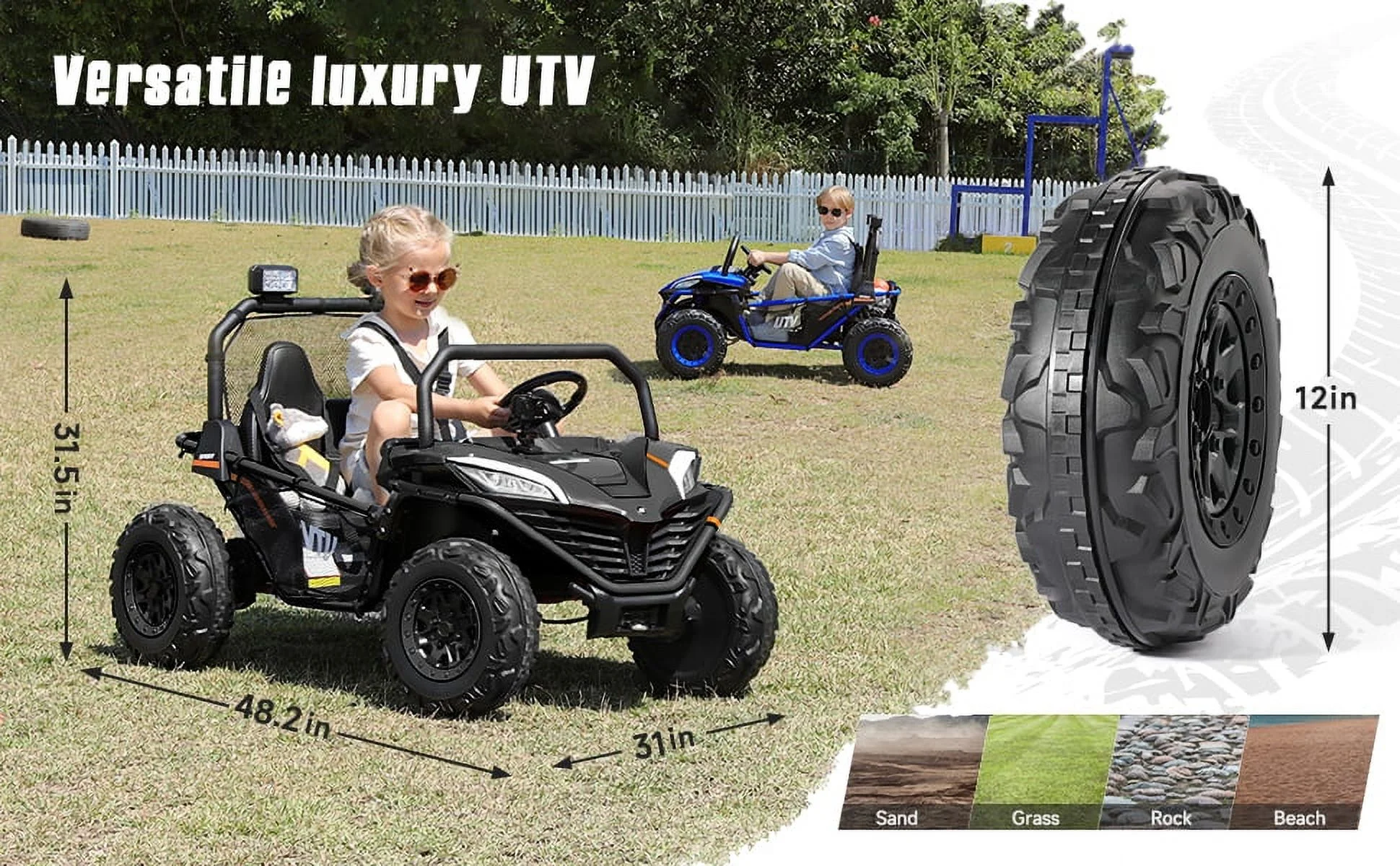 12 V Ride on Car,2 Seater Powered on Truck,4WD Electric Off-Road,Remote Control,Spring Suspension Ride on UTV for 3-8 Kids,Blue - Womvr