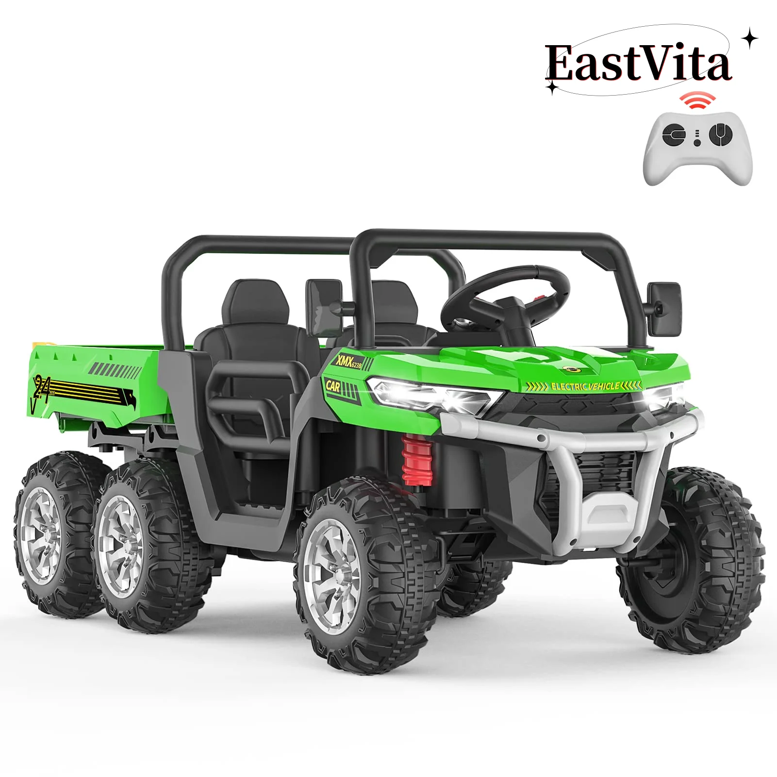 EastVita Kids 24V Ride on Car Large Farm Tractor Dump Truck 6 Wheels with Electric UTV Vehicles with Electric Car Hopper Ride on Toys ,with Lighting, Mp3 ((Green) - Womvr