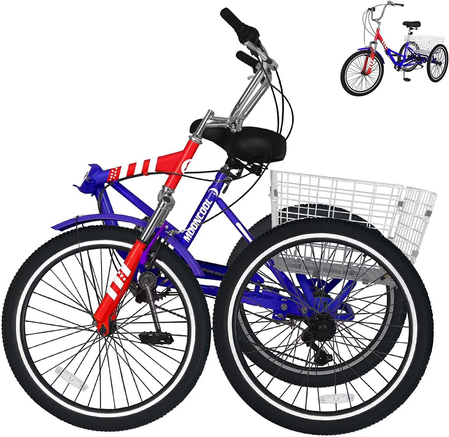 MOONCOOL Adult Folding Tricycle, 7 Speed 20/24/26 inch Adult Tricycles, Three Wheel Bike Cruiser Trike with Large Basket - Womvr