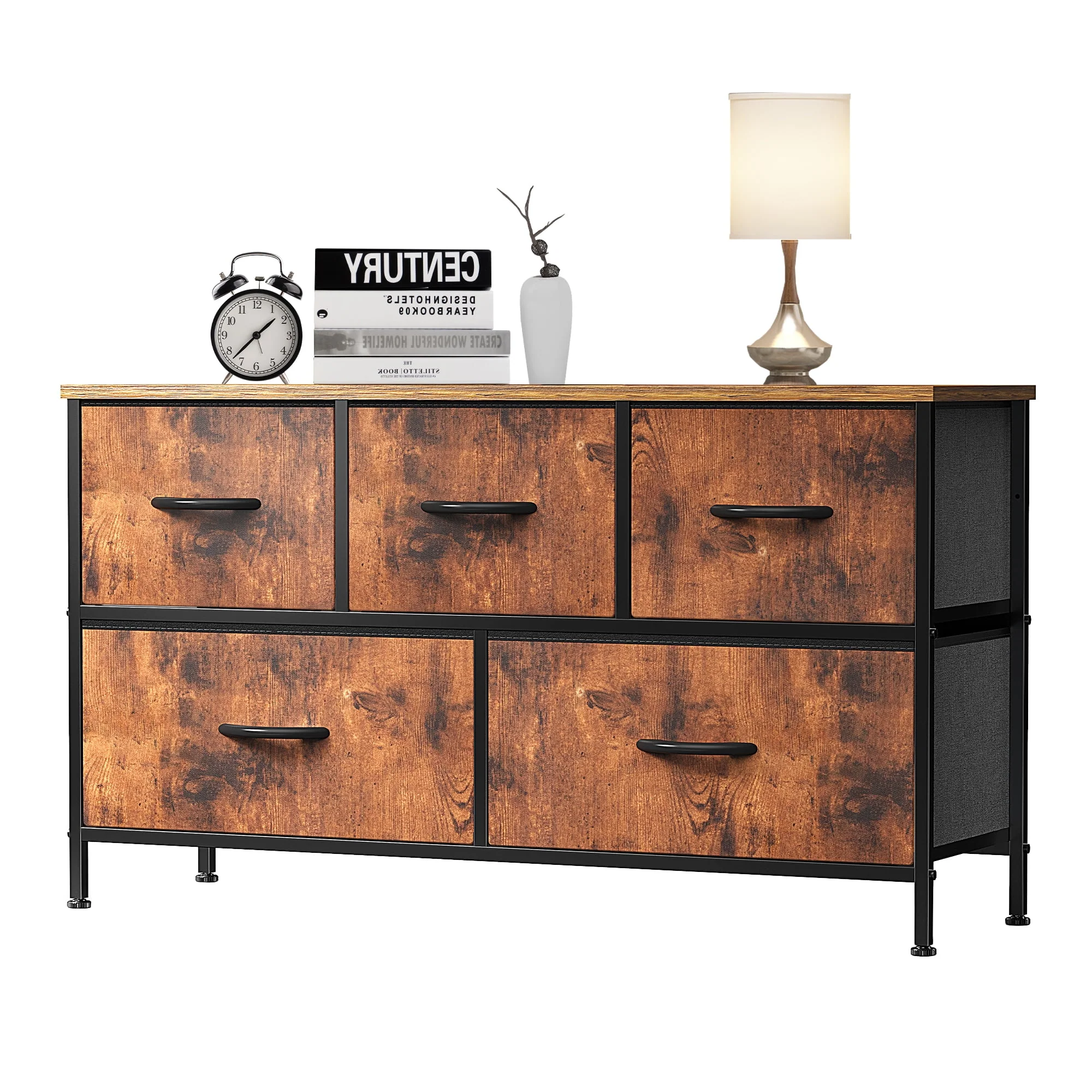 EDX 5 Drawer Dresser, Wide Chest Of Drawers Nightstand Storage Tower Storage Dresser Fabric Dresser With Wood Top for Living Room, Bedroom, Hallway, Nursery, Rustic Brown - Womvr