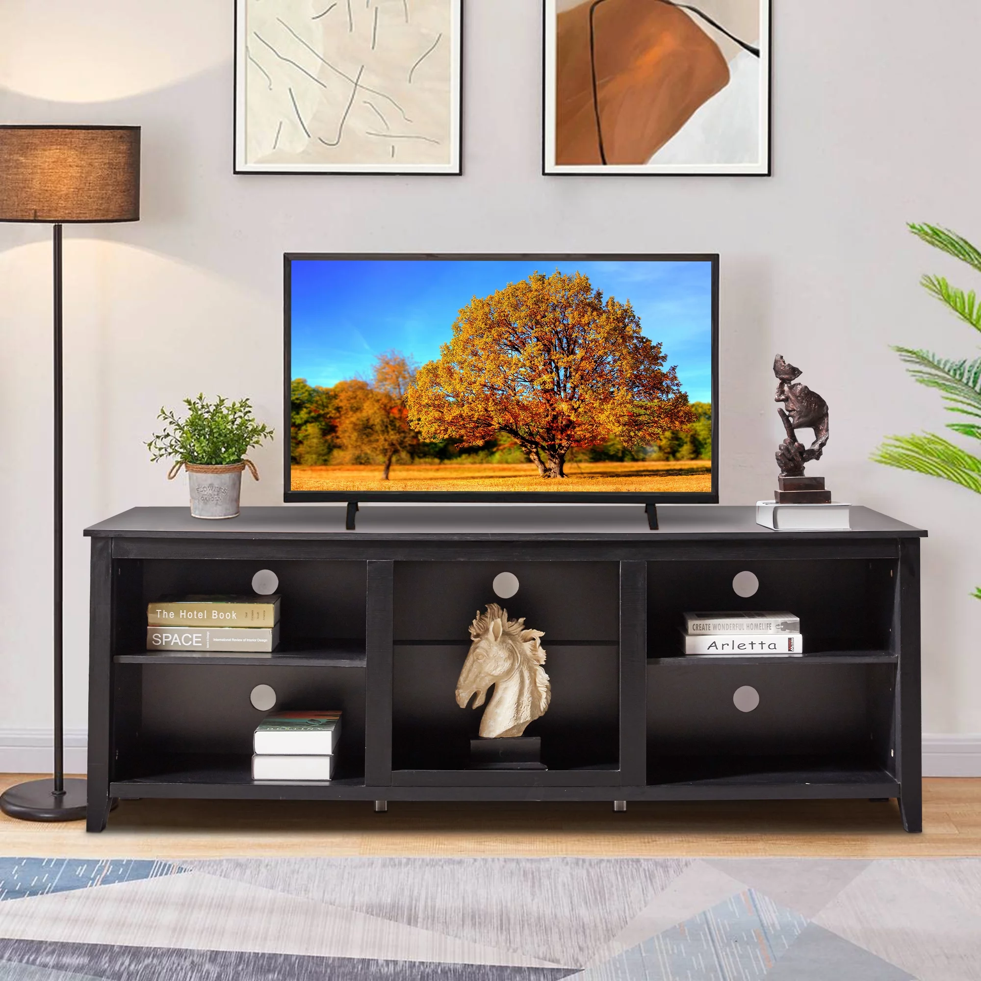 SYNGAR TV Stand for 65 inch TV, Modern TV Console Table Stand with 2 Door Cabinet, Living Room TV Table Stand Buffet Cabinet with Adjustable Storage Shelves, 60