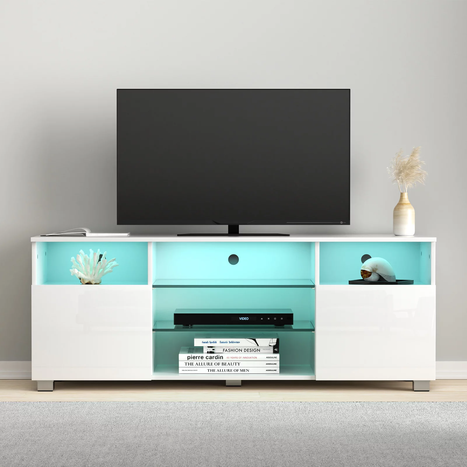 ChVans LED TV Stand for 65/70inch, High Glass Modern Entertainment Center with LED Lights and Glossy Cabinets(Black-65