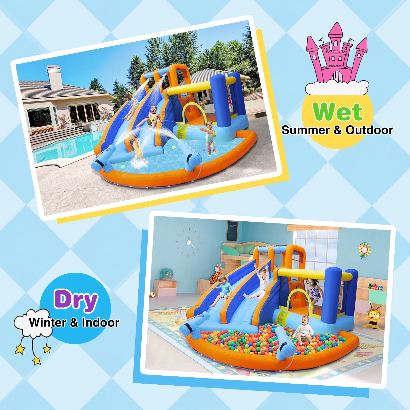 JOYLDIAS Kids Inflatable Water Slide Giant Water Park Double Slide Bouncer Playhouse Castle with 4 Water Guns, Pool, Jump Area, Climbing Wall, Air Blower - Womvr