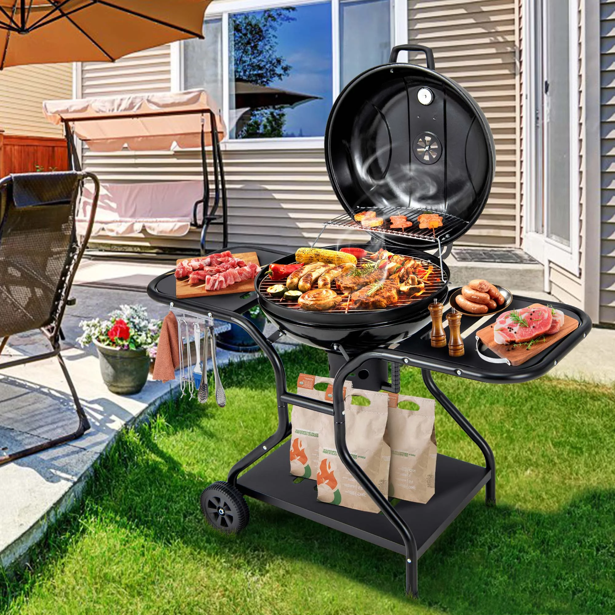 Costway 22 inch Charcoal BBQ Grill with Built-In Thermometer Wheels Side & Bottom Shelves - Womvr