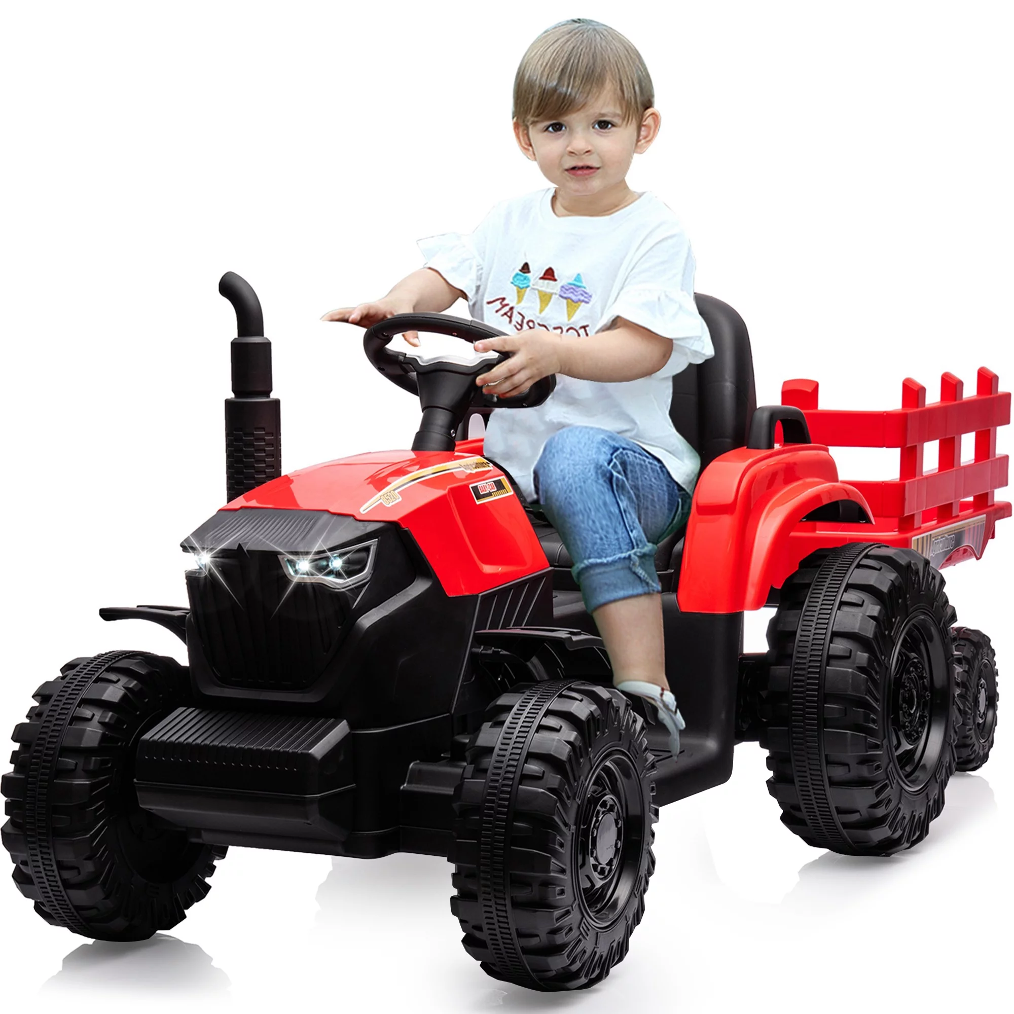 Outfunny 24V Ride on Toy for Big Kids, Powered Ride On Tractor with Trailer & Remote - Red - Womvr