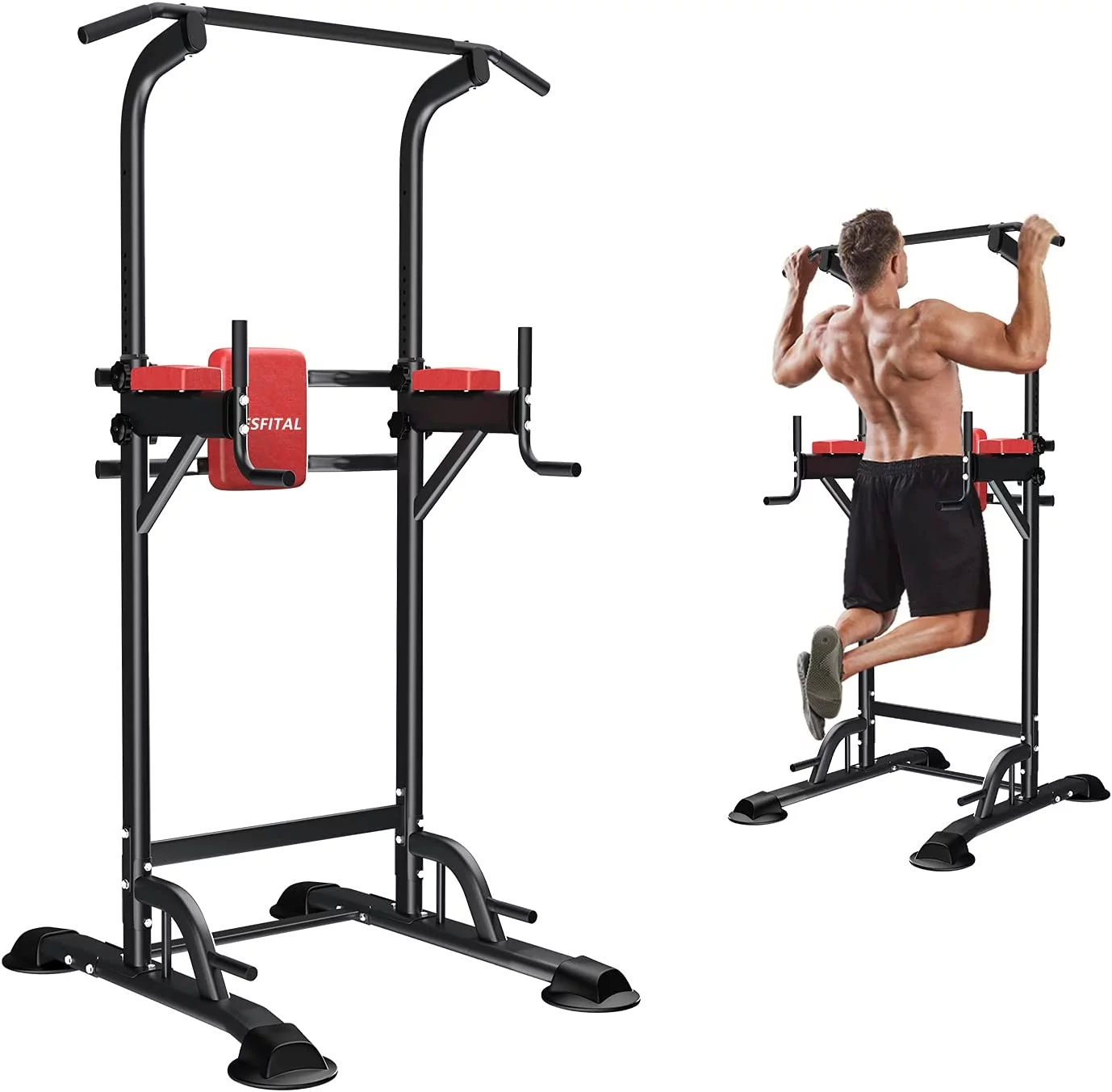Wesfital Power Tower Dip Station, Pull Up Bar Stand Height Adjustable Strength Training Equipment for Fitness Home Workout, Red/Black - Womvr