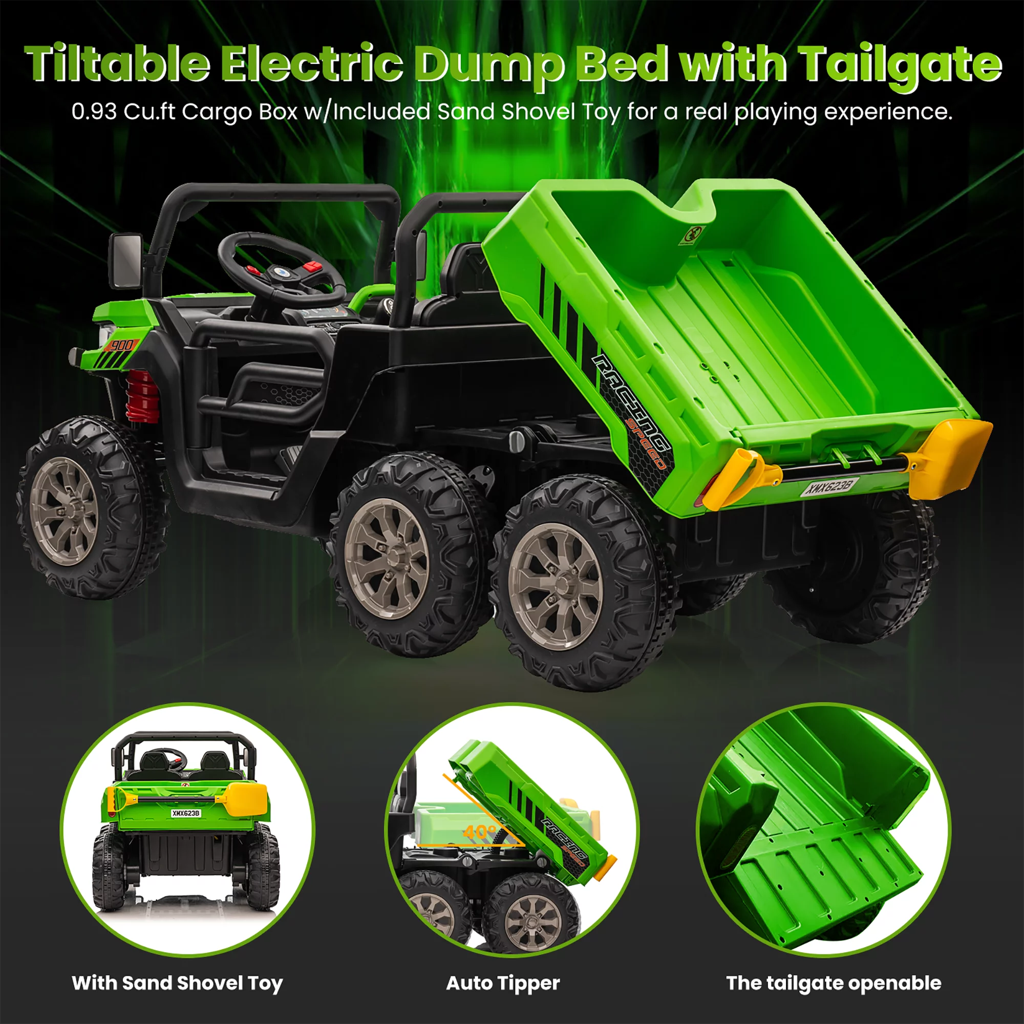 Joyracer 24V Ride on Toys, 2 Seater 6-Wheel UTV Car, 4WD Ride on Dump Truck for Big Kids with Trailer Remote Control, Black - Womvr