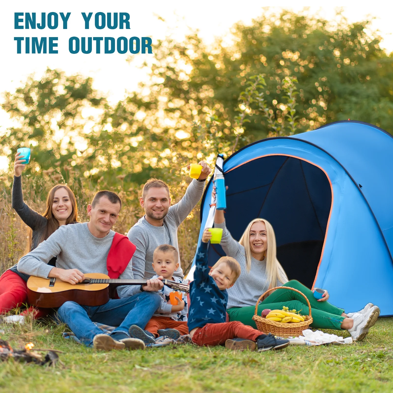 HONGGE 2 Person Instant Pop-up Tent Waterproof Family Camping Tent, 2 Side Windows Blue - Womvr